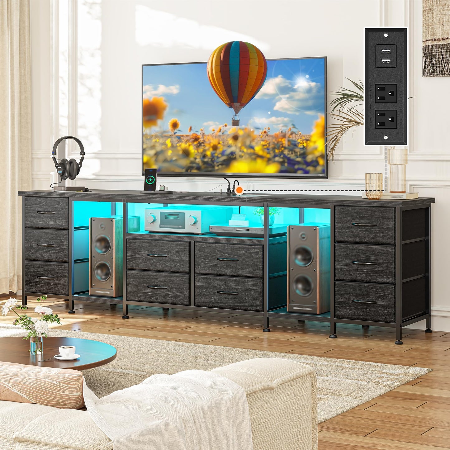 75.5" Long TV Stand for 85/80/75 Inch TVs LED Entertainment Center with Power Outlets & 10 Storage Drawers, Television Stands with 2 Wood Shelves for Living Room Gaming Room Sturdy Metal Frame, Black