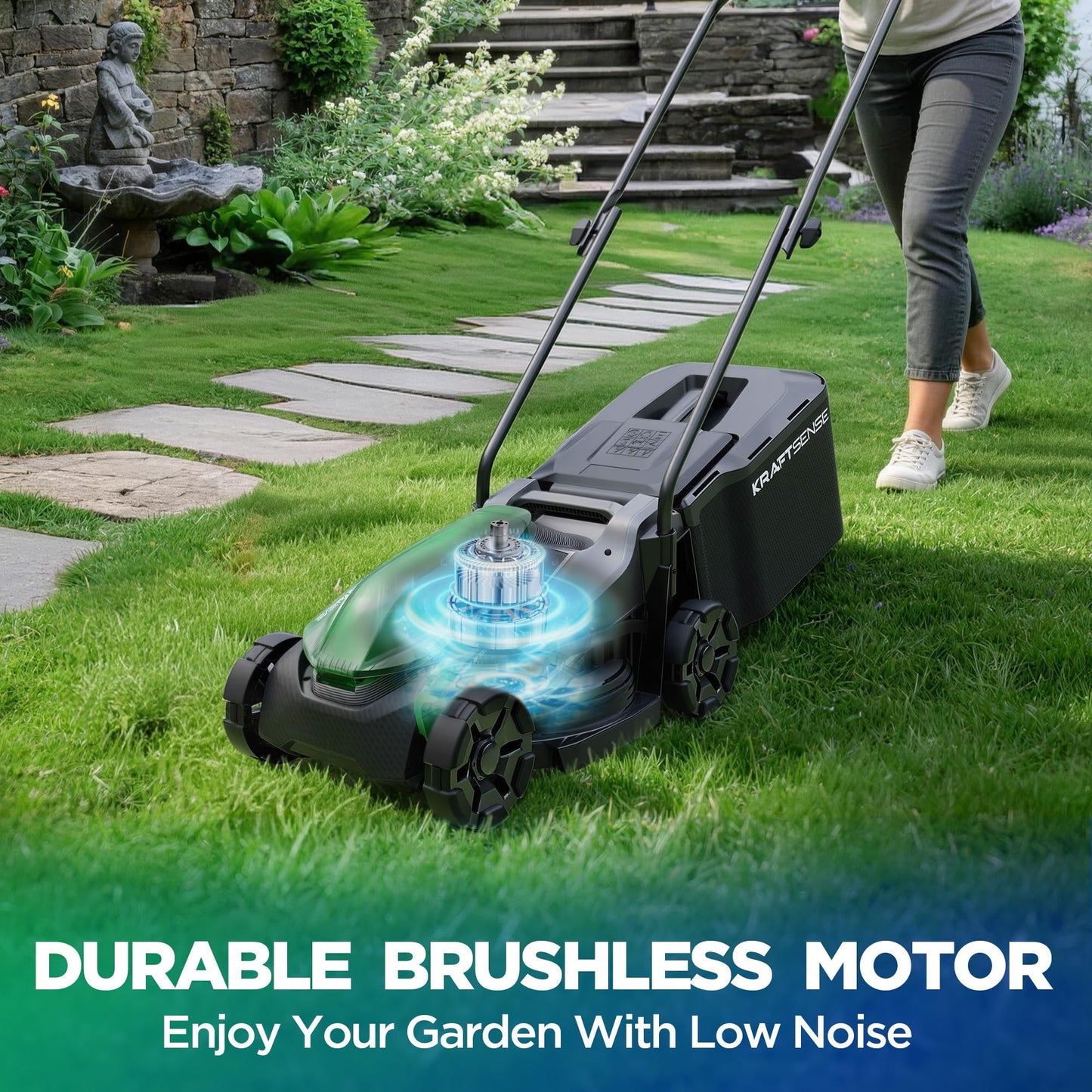 Kraftsense 14" Cordless Lawn Mower, 20V Lightweight Push Mower with 2×5.0Ah Battery, Ultra-Quiet Motor for Small Yards, Lawn Care, Backyard Maintenance