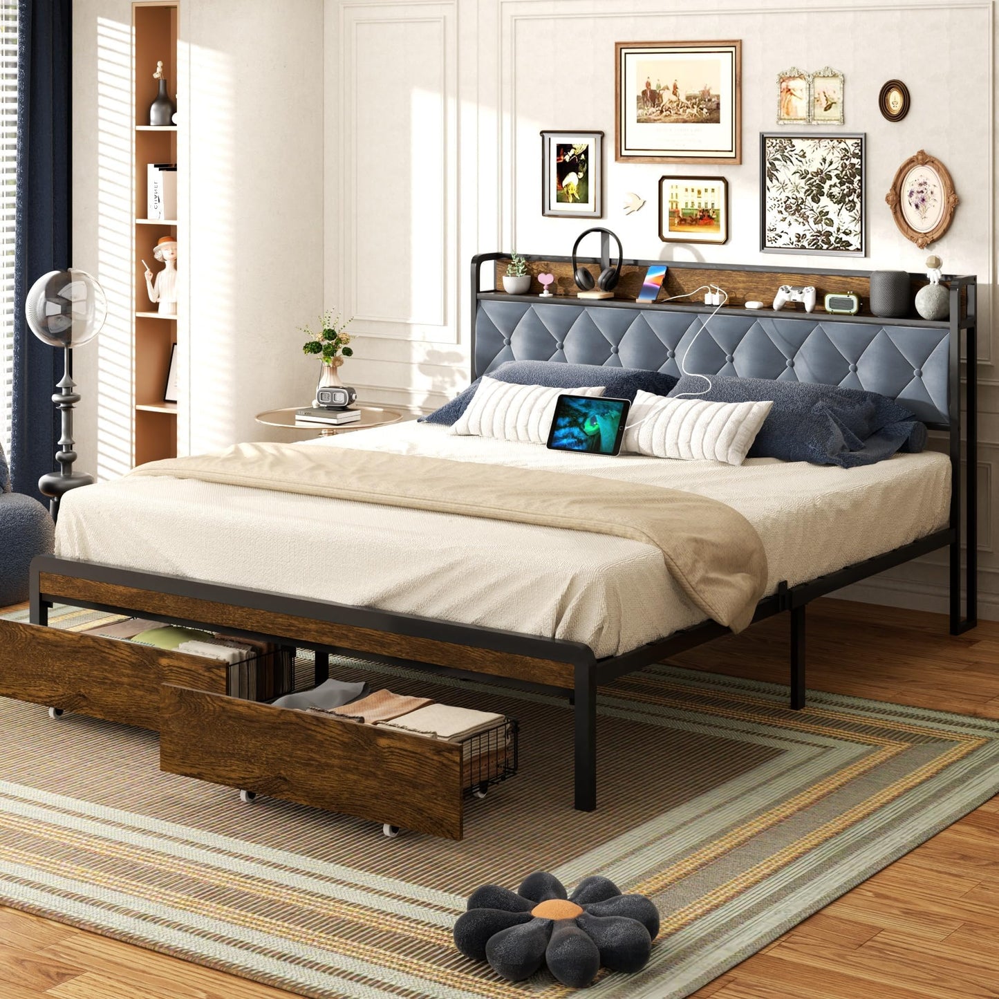 Sismplly Queen Size Metal Platform Bed Frame with 2 Storage Drawers & LED Light, Upholstered Headboard with Charging Station, No Box Spring Needed, Brown Wood Panel
