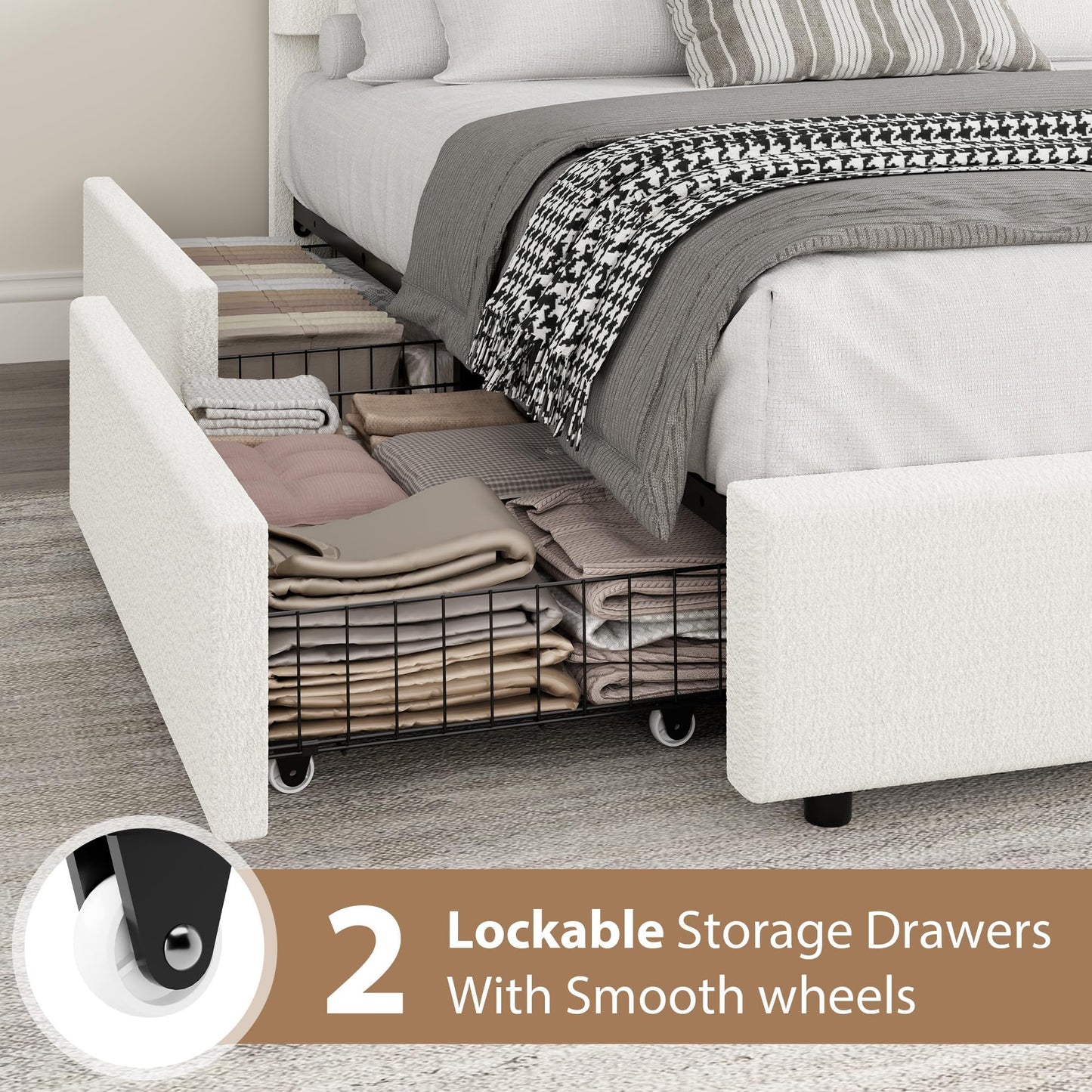 Garvee Full Size Bed Frame with Storage Drawers, Upholstered Boucle Platform Bed with Round Headboard, Heavy Duty & Noise Free, No Box Spring Needed, White