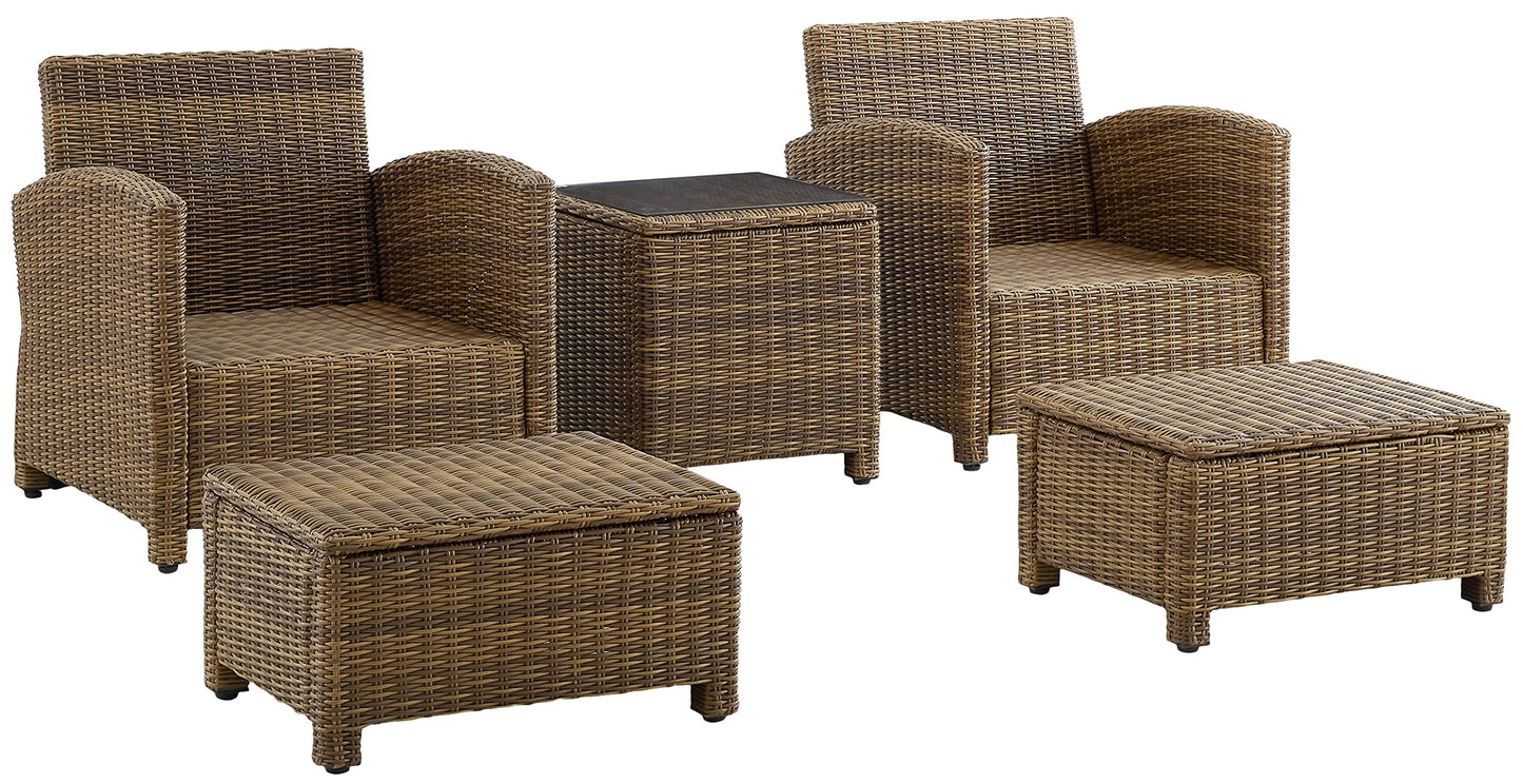 Crosley Furniture Bradenton 5-Piece Outdoor Chair Patio Furniture Set, Wicker Conversation Sets for Porch, Weathered Brown with Navy Cushions