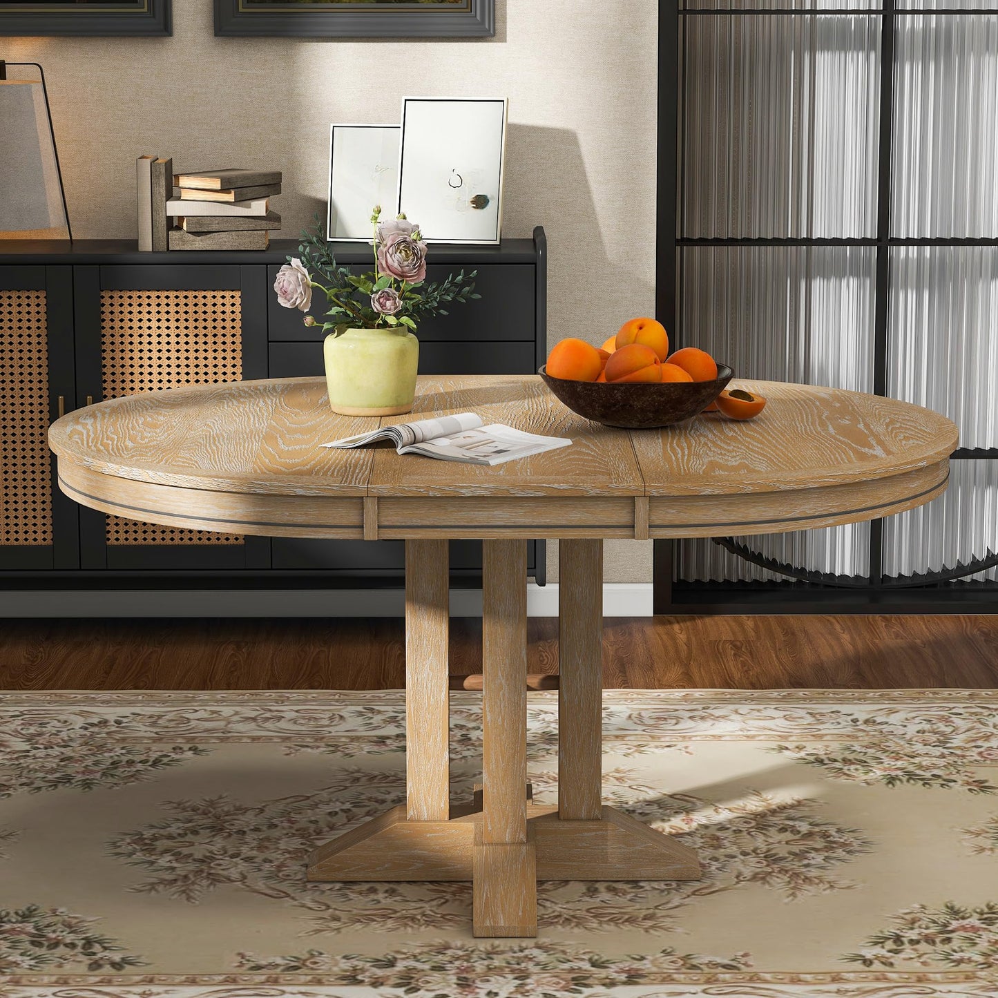 Mid-Century Modern Functional Extendable Round Dining Table with 14" Leaf,Oval Extendable Wooden Dining Table W/Natural Wood Grain Variation