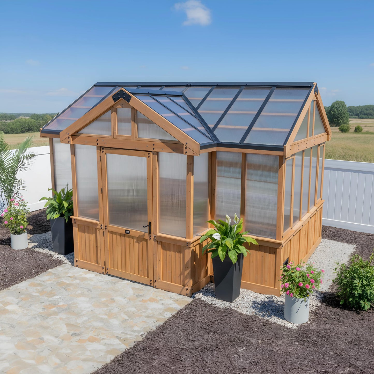 Backyard Discovery Savannah Chalet-Style 14.5' x 12' Cedar and Polycarbonate Walk-In Greenhouse Kit with Sink, Exhaust Fans, Windows, Hose Hook-Ups, PowerPort, Staging Shelves for Year-Round Gardening
