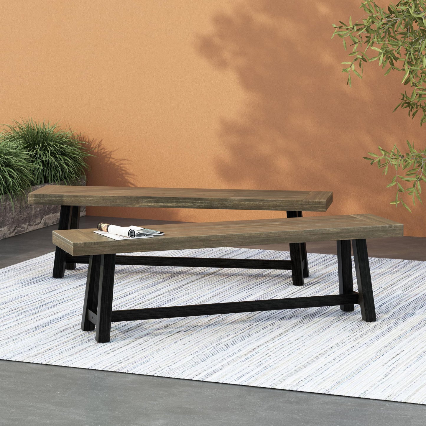Merax 2-Piece Acacia Wood Outdoor Benches Set, 63" Rustic Patio Bench with Sandblast Gray Finish and H-Stretcher Design, Solid Hardwood Garden Bench for Dining, Porch, Fire Pit, Grey+Black