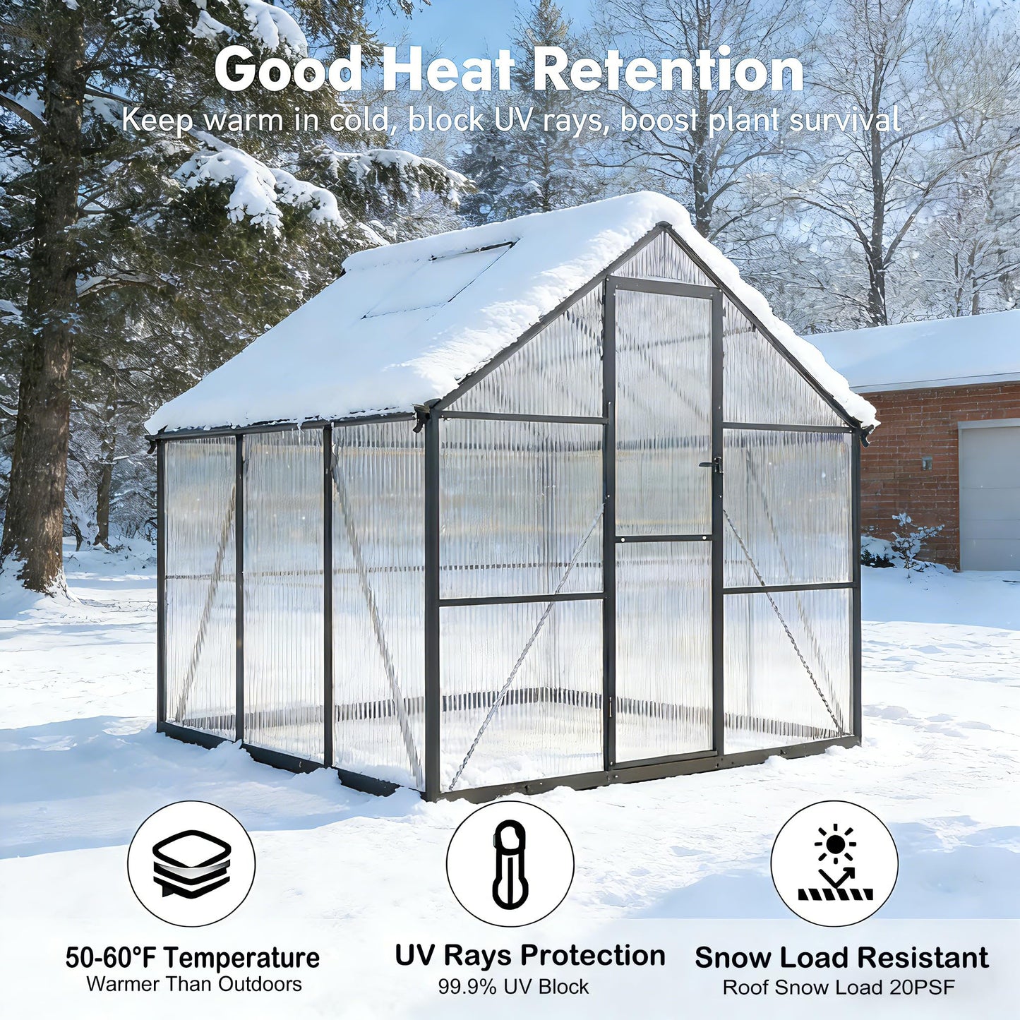6x6FT Greenhouse for Outdoors, Polycarbonate Greenhouse with Quick Setup Structure and Roof Vent, Aluminum Large Walk-in Green House for Outside Garden Backyard, Charcoal Black