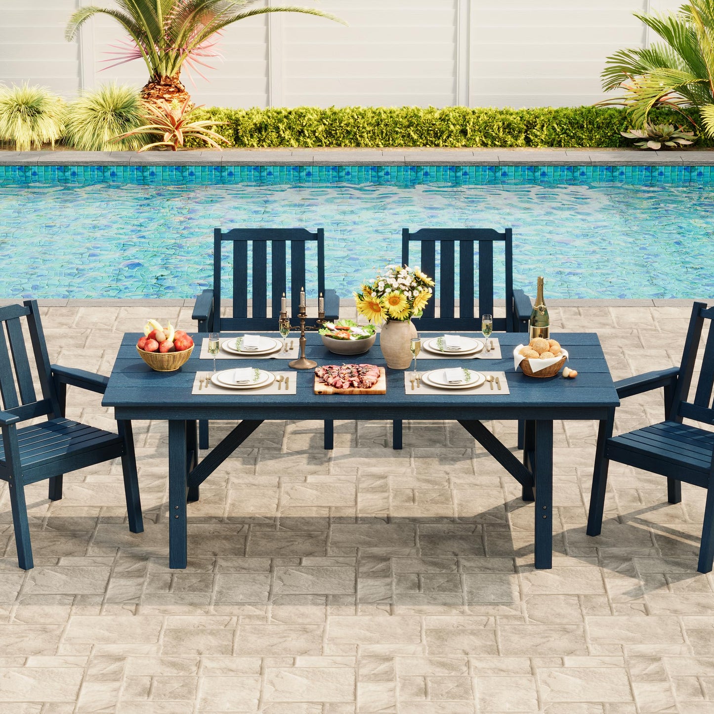 Garvee Outdoor Patio Dining Table Set for 6, 7 Piece Outdoor HDPE Dining Furniture Set with Umbrella Hole, Aluminum Frame, All-Weather Garden Table and 6 Chairs for Backyard Poolside, Navy Blue