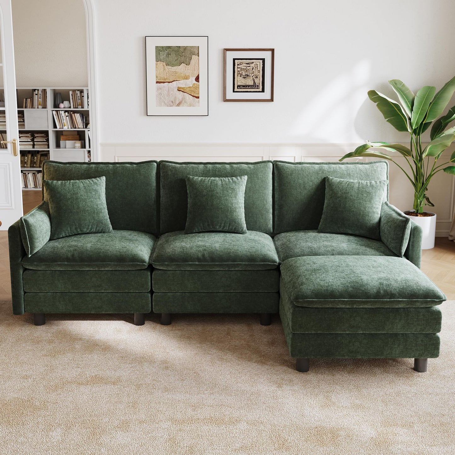 LINSY HOME 98'' Modular Sectional Sofa 3 Seat Couch Chenille Cloud Couch with Deep Seat, L Shaped Couch with 1 Movable Ottoman for Living Room, Office, Bedroom, Green(Pillows Included)