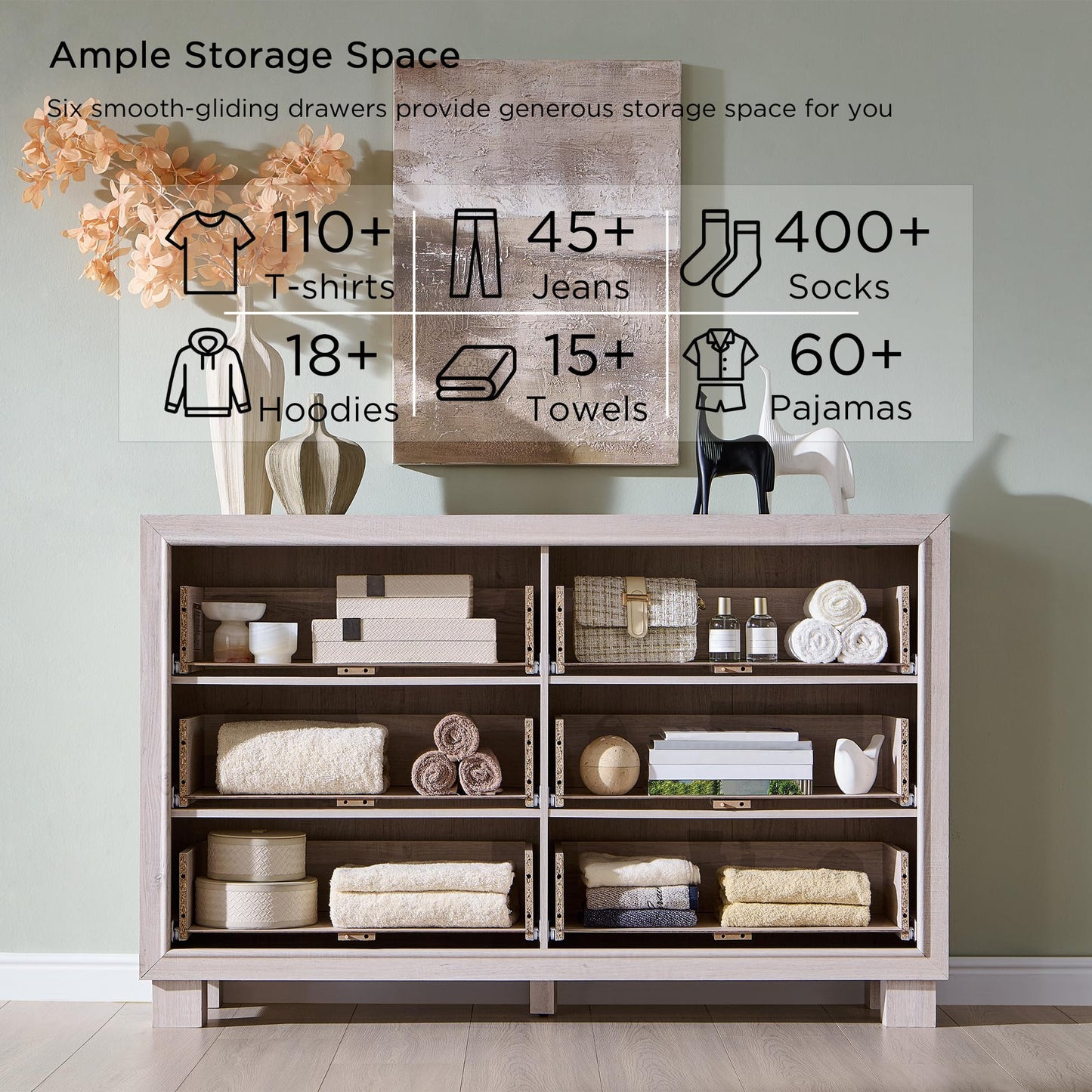 JXQTLINGMU Dresser for Bedroom with 6 Drawers, Two Included Base Styles, 52" Wide Closet Dresser TV Stand w/Storage, Wooden Mid Century Modern Chest of Drawers for Living Room, Hallway, White Alder