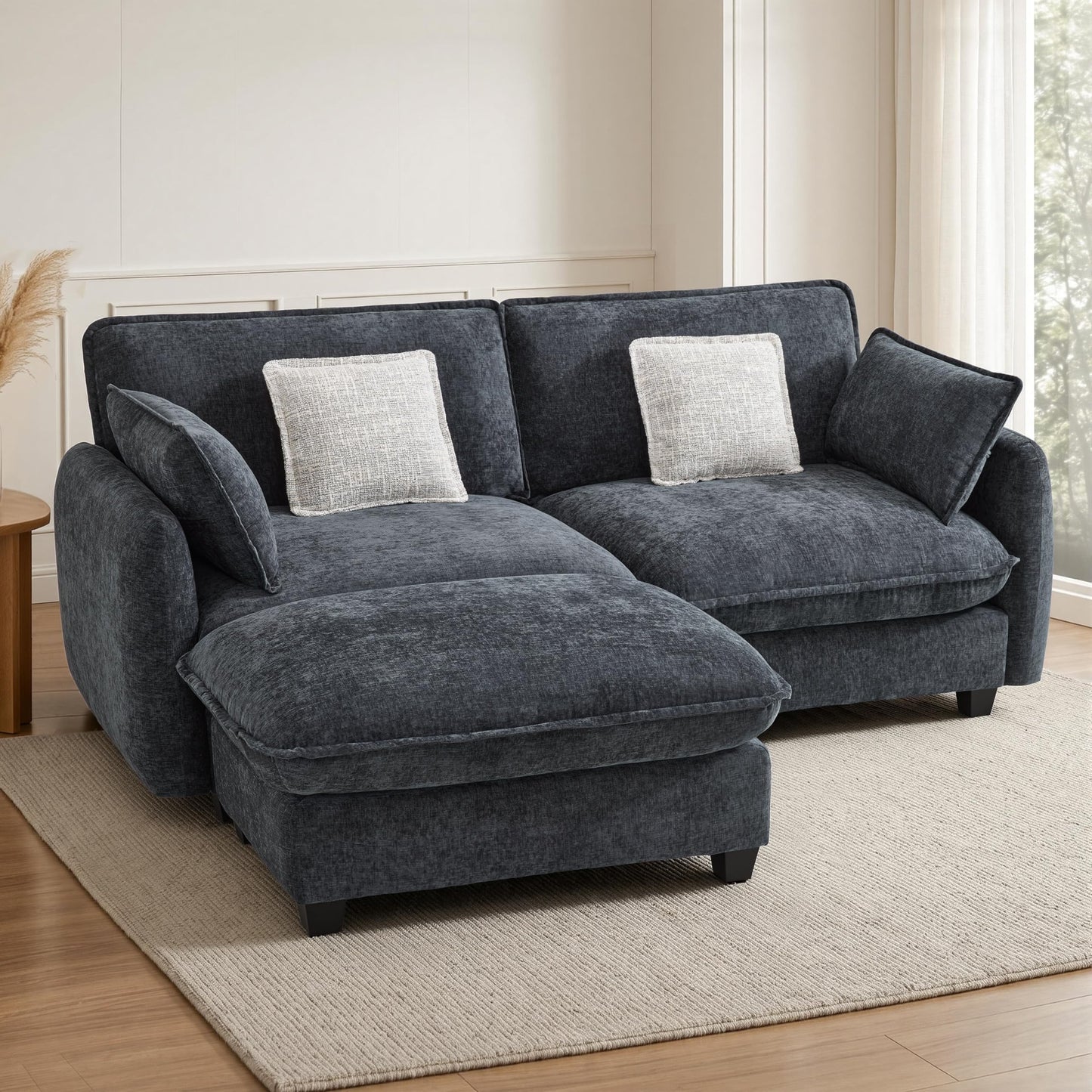 MCombo 82" Oversized Cloud Sectional Couch, Sectional Sofa with FSC Certified, Loveseat Couch with Ottoman for Living Room, Chenille S0701 (Black)