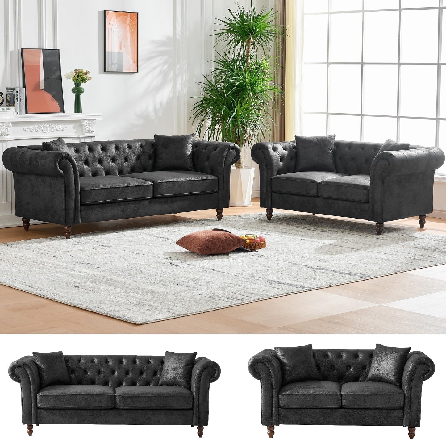 KEIKI Luxury Modular Chesterfield Leather Sofa Couch Set, Mid Century Modern Combo 5 Seater Couches w/Roll Armrest, Comfy Sleeper Cloud SofaBed for Office & Apartment Living Room, Easy Assembly, Black