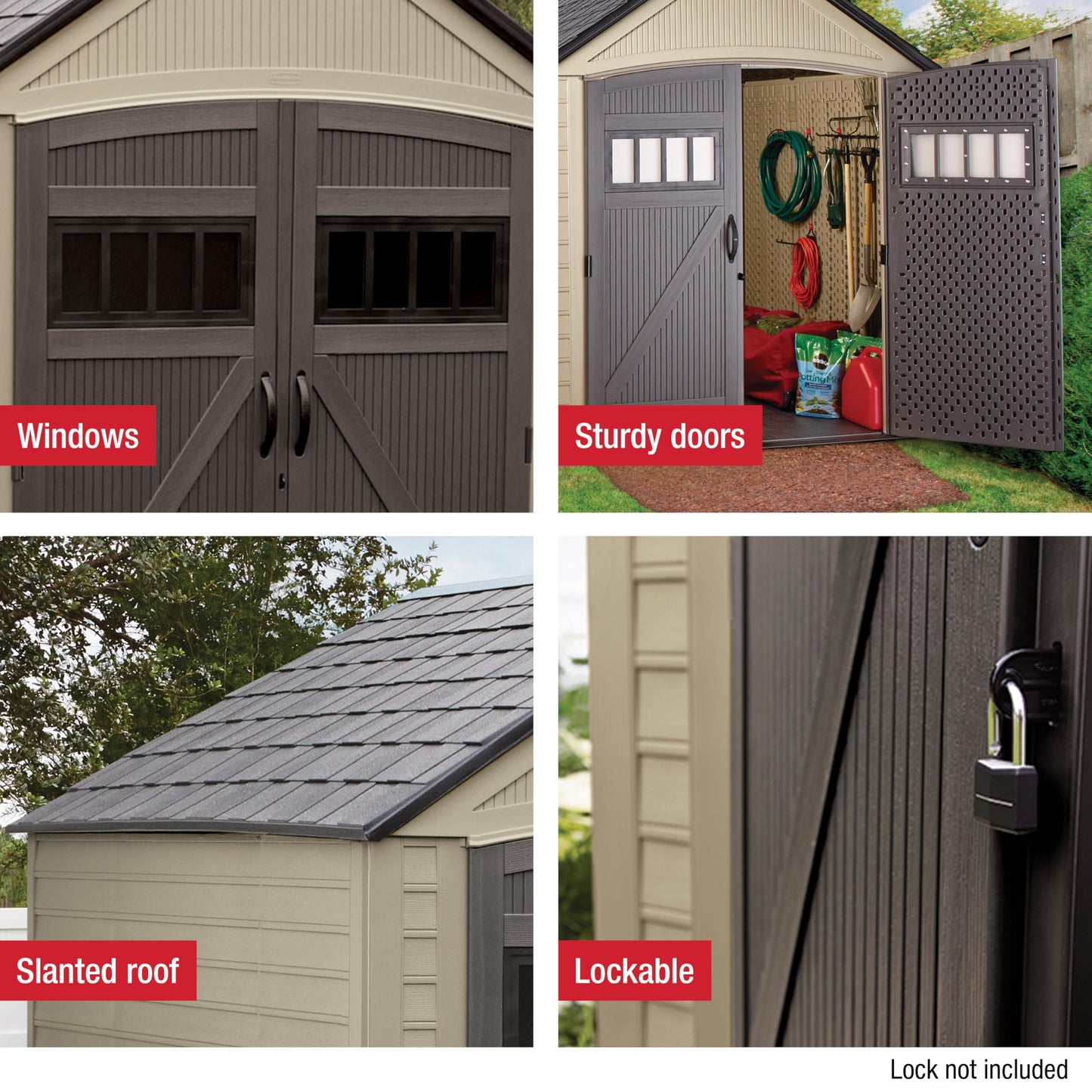 Rubbermaid Resin Outdoor Storage Shed with Floor (7 x 7 Ft) Weather Resistant, Brown Gable, Organization for Home/Backyard/Garden Tools/Lawn Mower/Bike Storage/Pool Supplies