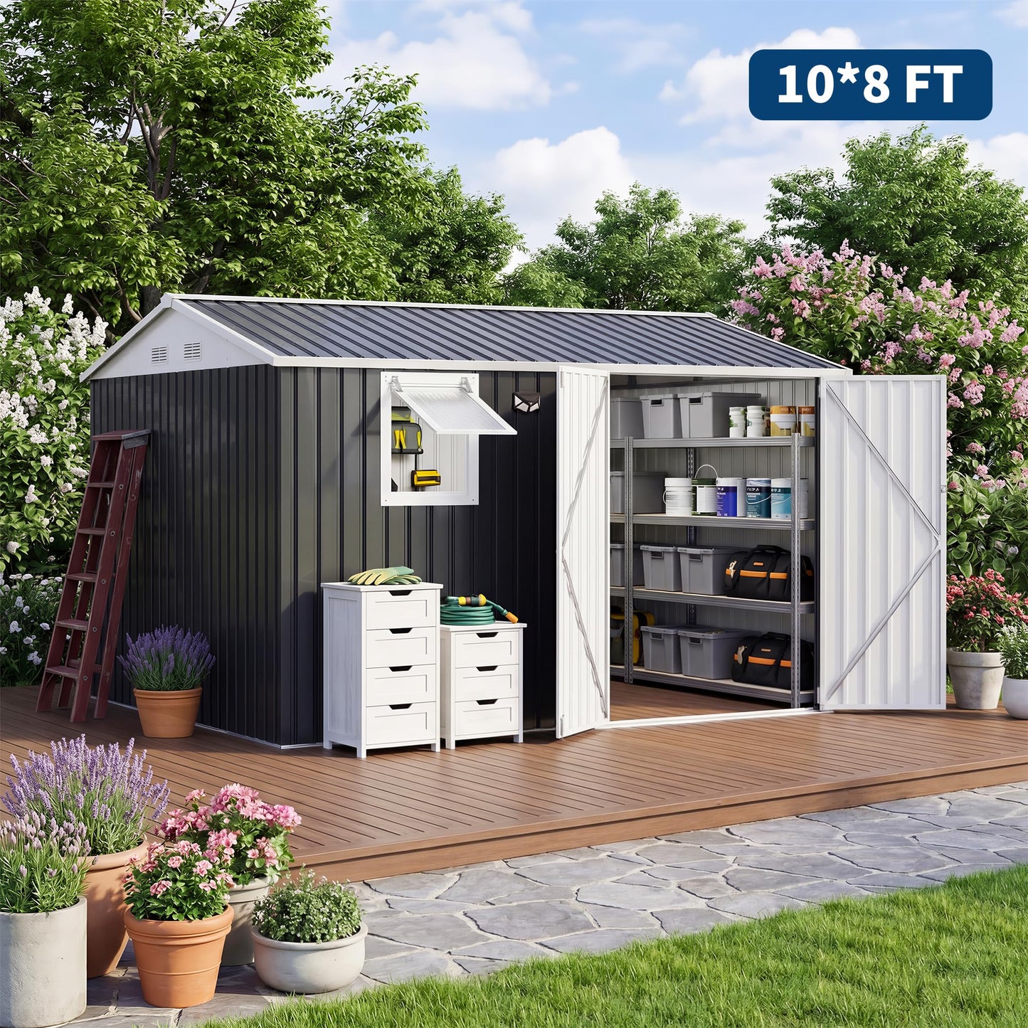 JoanKaren 10x8FT Outdoor Storage Shed with Pushable Window, Solar LED Lamp and Built-in Pegboard, Metal Garden Shed with Sloping Roof, Lockable Doors, Steel Tool Shed for Backyard Patio, Black