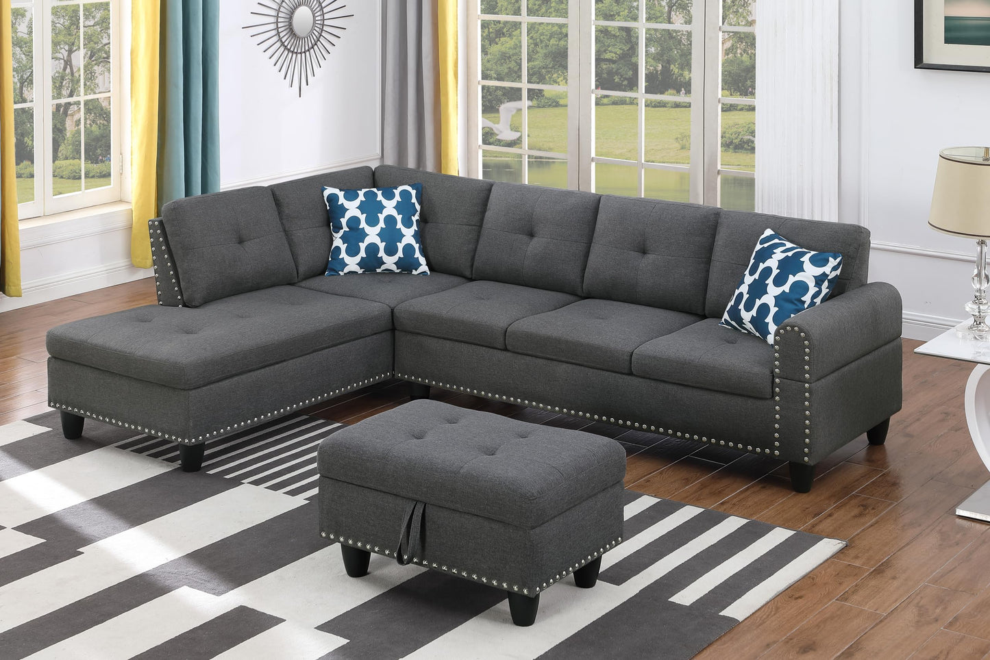 Ball & Cast 98" L Shaped Modular Sectional Couch for Living Room with Chaise & Storage Ottoman,4 Seat Linen Upholstered Sectional Sofa Set 3 PCS W/Cup Holders & Coffee Table,for Home,Office,Dark Gray