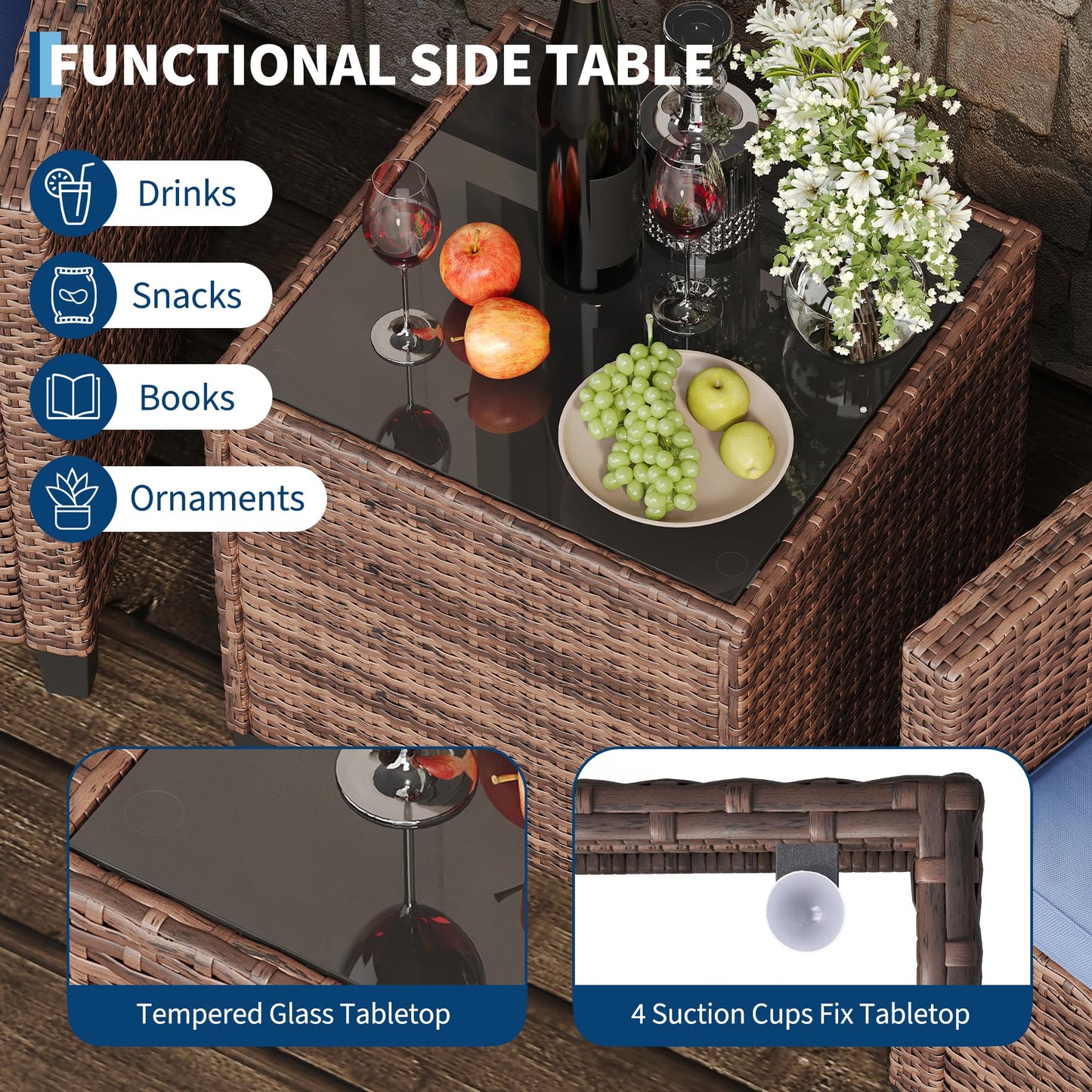 GarveeLife 3 Pieces Patio Furniture Set, PE Rattan Patio Conversation Set with Tempered Glass Tabletop, Outdoor Wicker Chairs and Table Set for Patio Balcony Garden, Brown & Blue