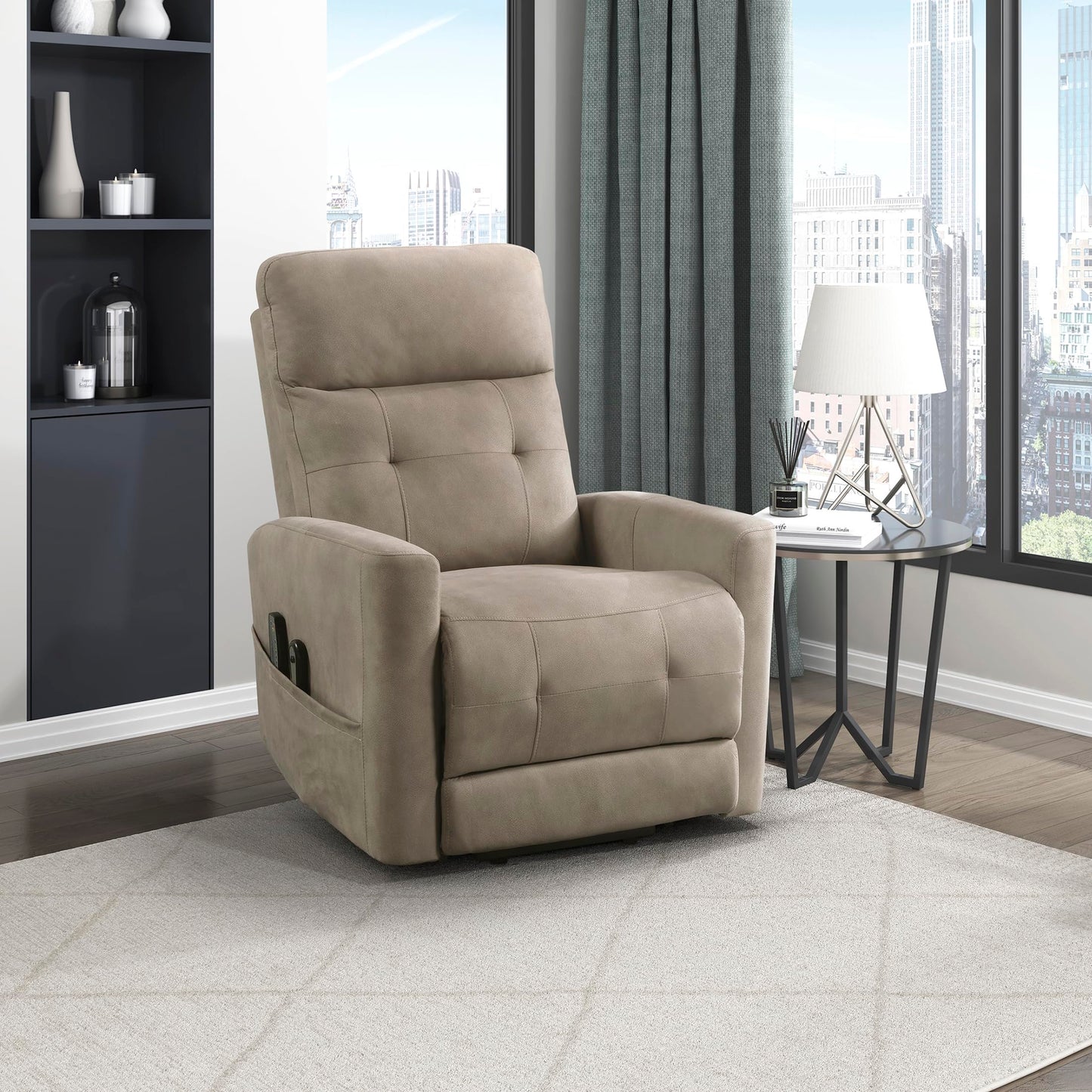 Lexicon Power Lift Recliner with Heat and Massage for Adults Elderly Ergonomic, Textured Microfiber Tufted Lounge Chair Classic Single Sofa Recliner with Side Pockets, Home Theater Seating, Brown