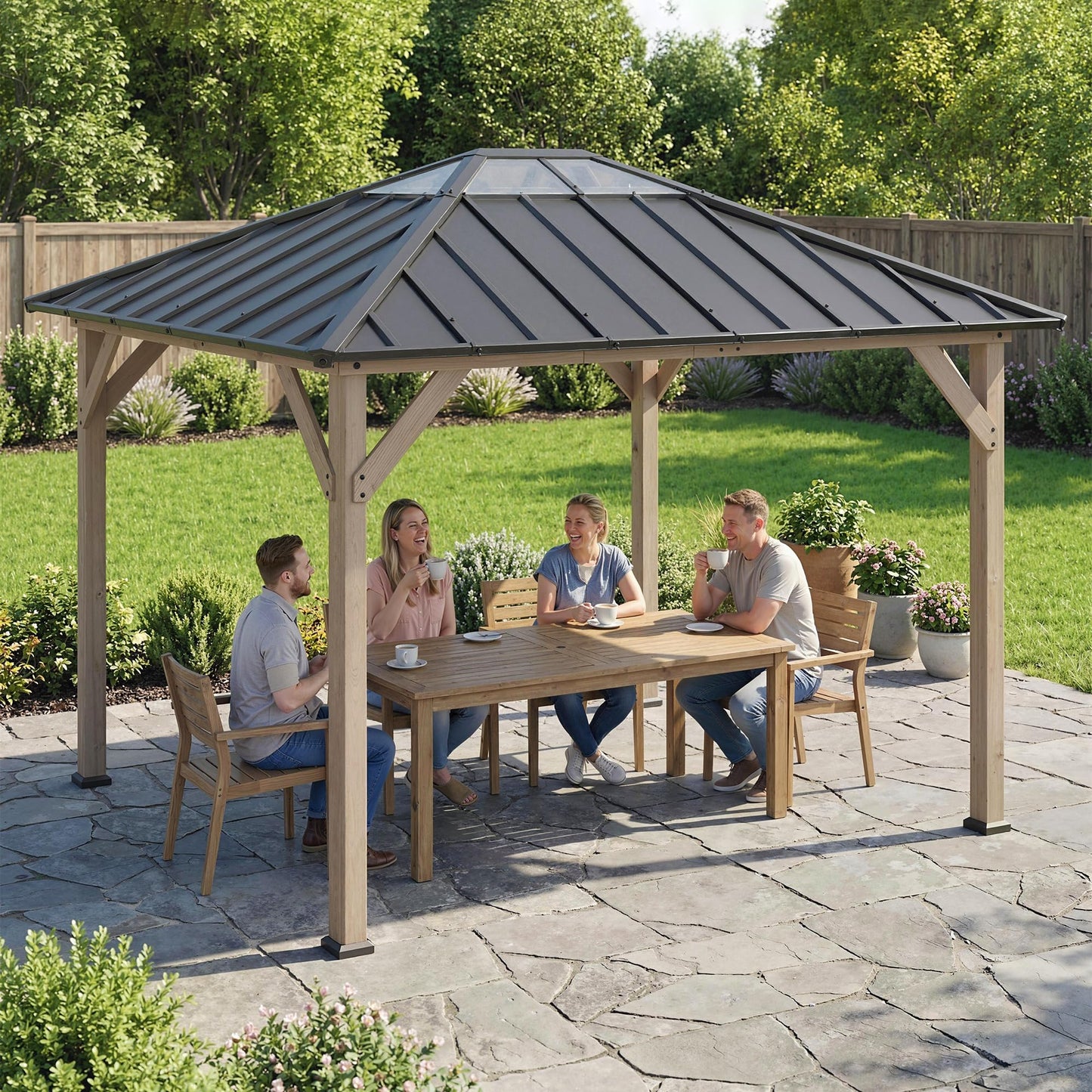 Outsunny 10' x 12' Hardtop Gazebo with Galvanized Steel Roof, Wood Permanent Pavilion Canopy Shelter with Clear Roof Top, UPF50+ Protection, Ceiling Hooks for Lawn, Backyard, Deck, Light Walnut