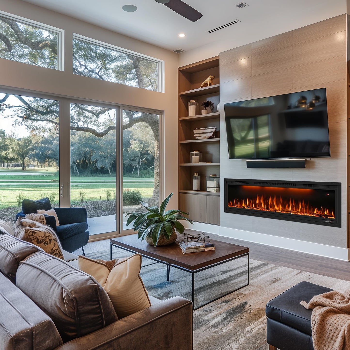 42 inch Smart Electric Fireplace WiFi-Enabled, Recessed &Wall Mounted Fireplace Inserts, Multicolor Flame w/Realistic Log &Crystals, Thermostat& Overheating Protection,Timer, 750W/1500W, Black