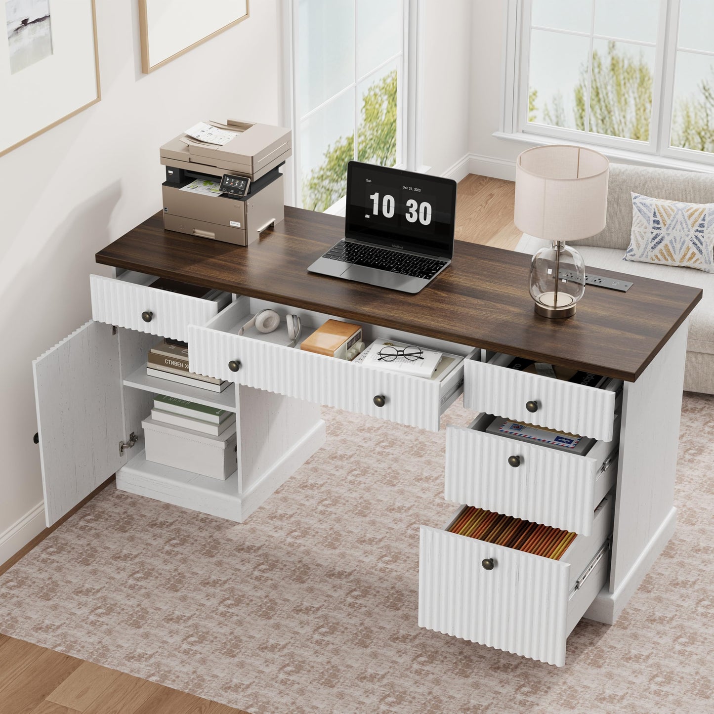 Garvee 60" Office Desk with Storage Cabinet & Drawers. Fluted Wood Computer Desk with Power Outlet & Adjustable Shelves.Modern Executive Desk for Home Office/Bedroom/Gaming-White