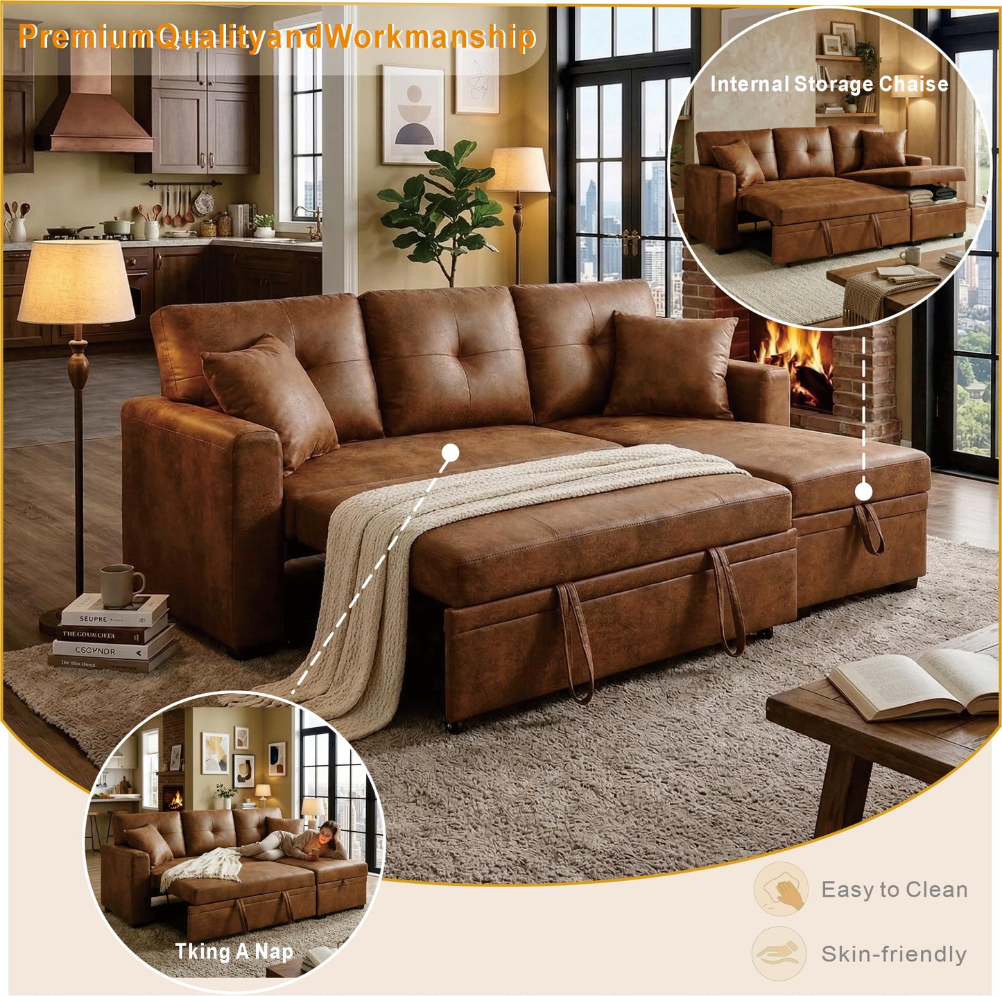 Eafurn Faux Leather Tufted Convertible Sleeper Sectional Sofa Bed, 3 Seater L Shaped Reversible Pull Out Sectional Couch Bed with Chaise Lounge and Storage for Living Room Corner