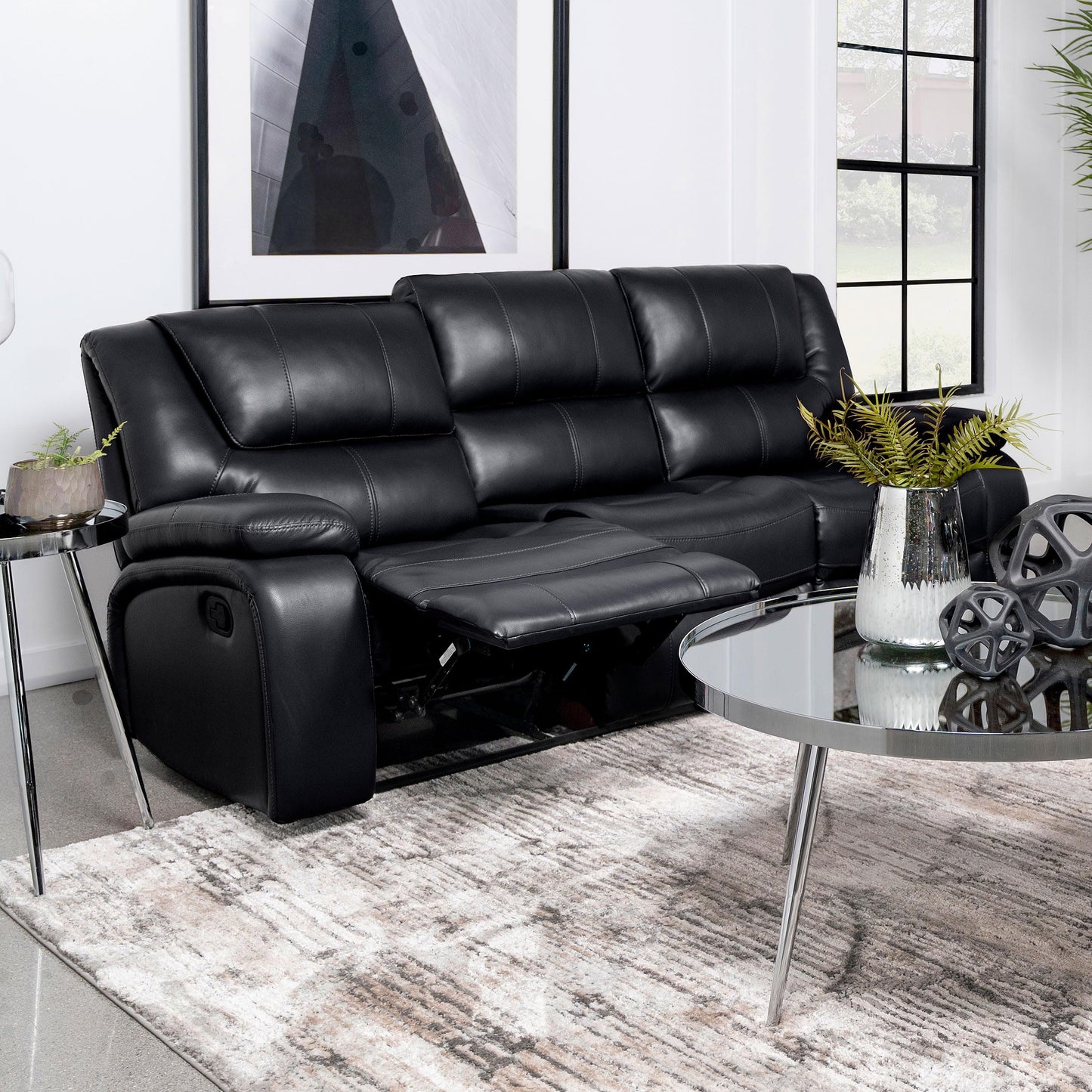 Coaster Home Furnishings - Camila - Wood and Faux Leather - Reclining Sofa with Manual Motion, Padded Pillow Arms, and Channeled Seat - Living Room - Black - 610244