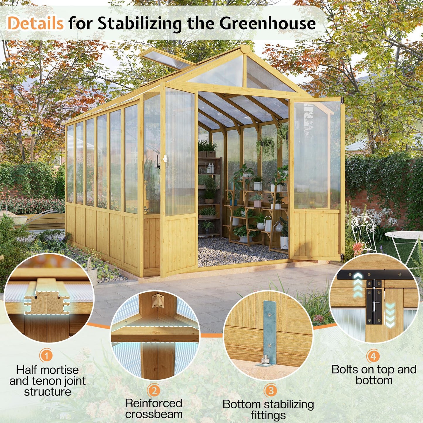 Jocisland 8x9.5x7.5 Ft Wooden Greenhouse, Pre-Assembled Solid Cedar Frame, Walk-in Design, Lockable Door, Adjustable Roof Vents, Polycarbonate Panels for Outdoor, Garden, Backyard