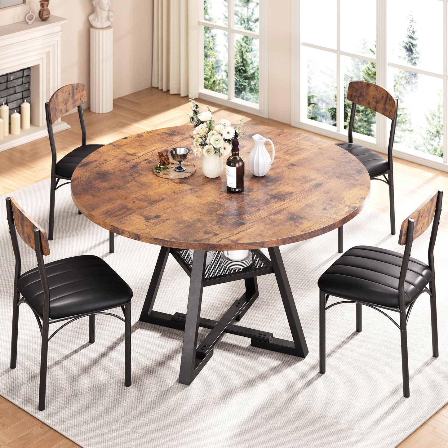 Round Dining Table Set for 4, Kitchen Table and Chairs for 4, Circle Table Round Pedestal Dining Room Dinner Dinette Table Set,5 Piece Space Saving Wood Kitchen & Dining Room Tables (Vintage, 42In)