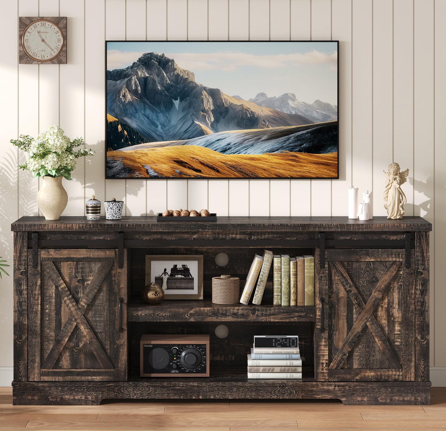 AMERLIFE 66” TV Stand for 65 Inch TV, Farmhouse Entertainment Center with Storage Cabinets and Adjustable Shelf & Feet, Modern TV Console Table for Living Room or Bedroom, Rustic Oak