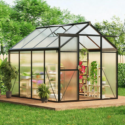 6x8 FT Greenhouse, Easy Assembly Aluminum Polycarbonate Greenhouses for Outdoors with Roof Vent, Large Aluminum Walk-in Greenhouse for Sunroom Patio, Backyard, Garden, Sliding Lockable Door, Black