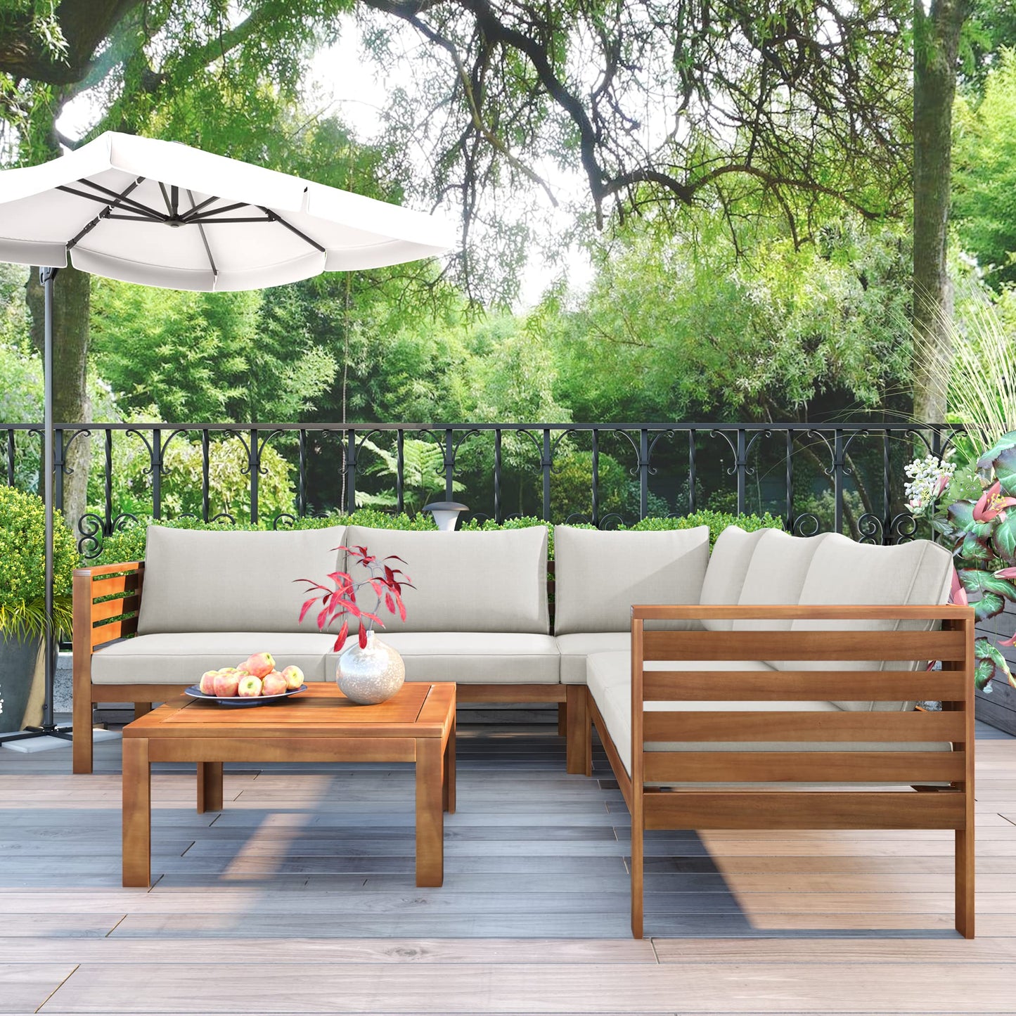 Wood Outdoor Sofa Set with Beige Cushions, Japanese Style Acacia Wood Frame, Water-Resistant UV-Protected Seats, Strong Metal Accessories, Flexible Modular Sectional for Garden Gazebo Patio