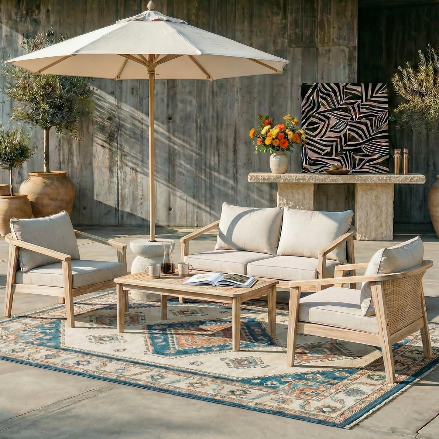 GDFStudio Mayeo 4-Piece Acacia Wood Patio Furniture Set, Outdoor Conversation Sofa Set with Club Chair and Coffee Table, Patio Sectional Chat Set for Backyard Balcony, Light White+Beige