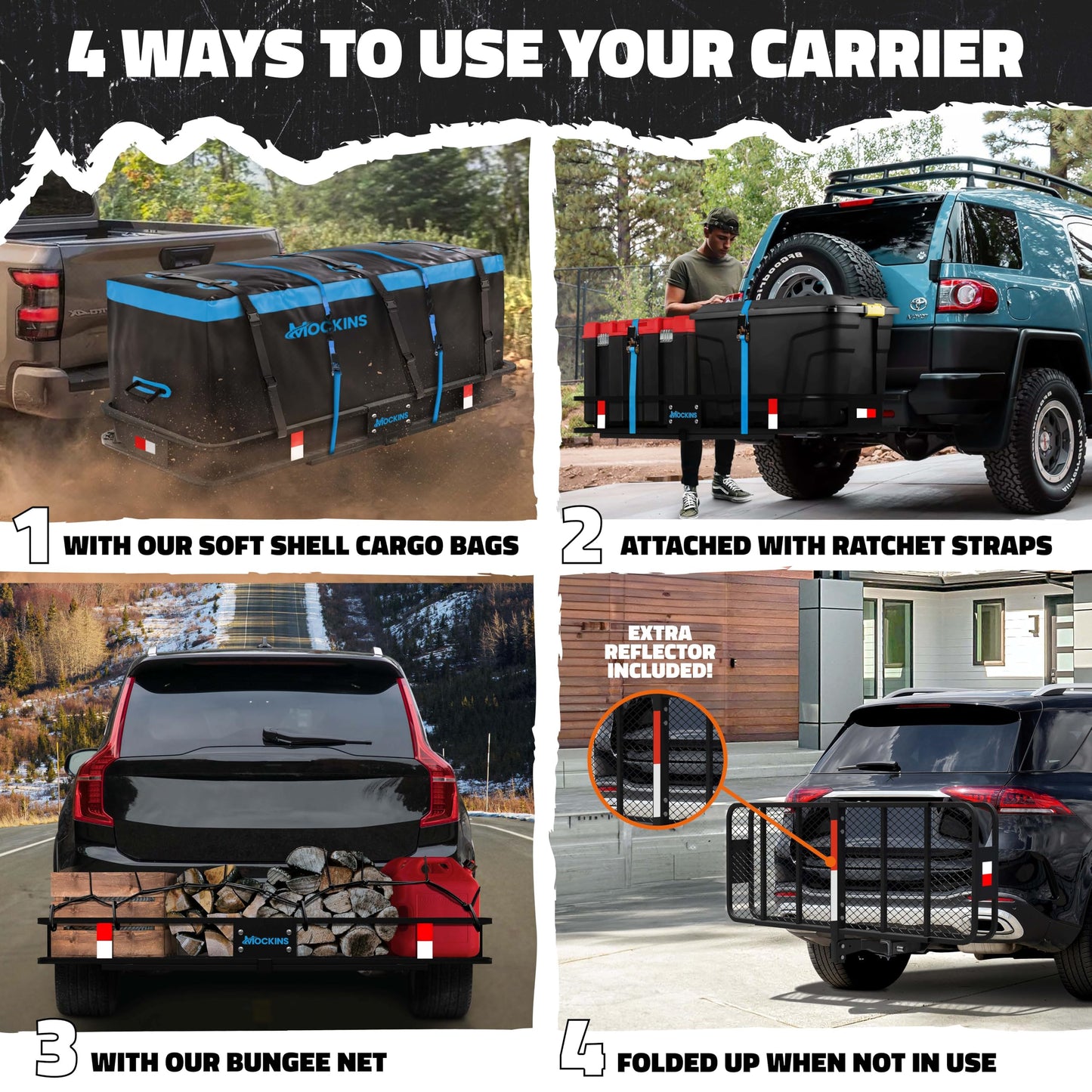Mockins 60"x20"x6" Heavy Duty Trailer Hitch Cargo Carrier w/ 16 Cu Ft Waterproof Cargo Bag & 4 Packing Cubes | 500 Lbs. Capacity Folding Luggage Rack for SUV Car Truck & RV w/Hitch Basket Accessories