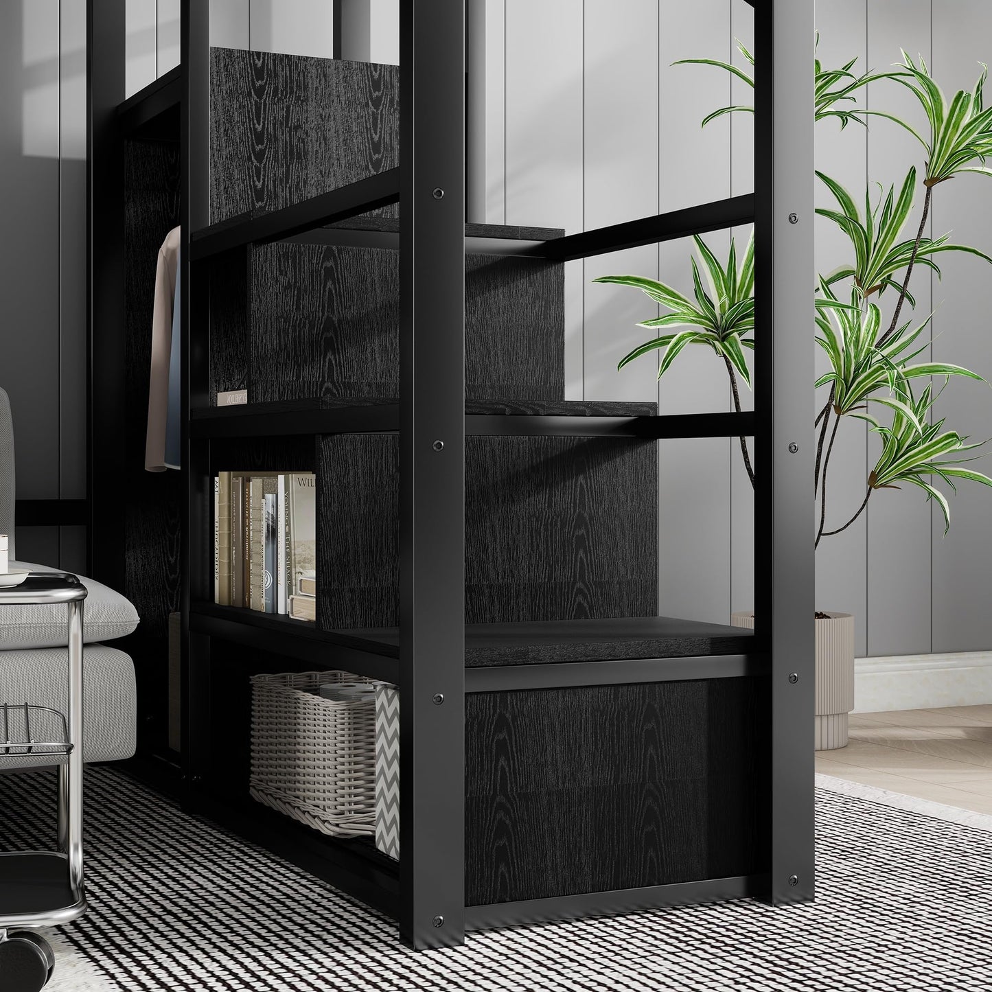 KEIKI Full Size Metal Loft Bed Frame with Convertible Staircase, Built-in Storage Shelves and Wardrobe, Loft Bed with Solid Slats, Guardrail, No Box Spring Required, Easy Assembly, for Bedroom, Black