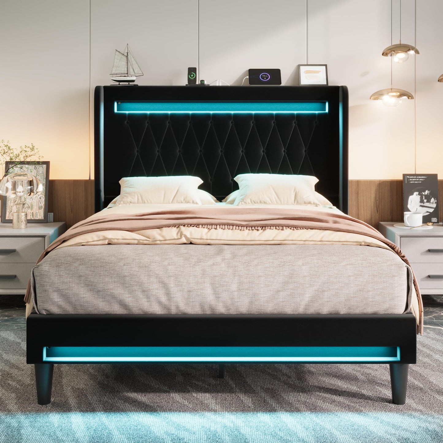 Allewie Upholstered Queen Size Platform Bed Frame with LED Light and Charging Station, Button Tufted High Headboard, Wingback Design, Noise Free, Easy Assembly, No Box Spring Needed, Black