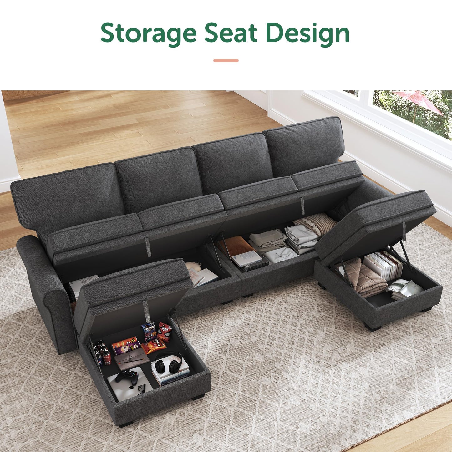 HONBAY Sectional Sofa with Storage Seat U Shaped Couch with Reversible Chaise Convertible Sectional Couches for Living Room,Dark Grey