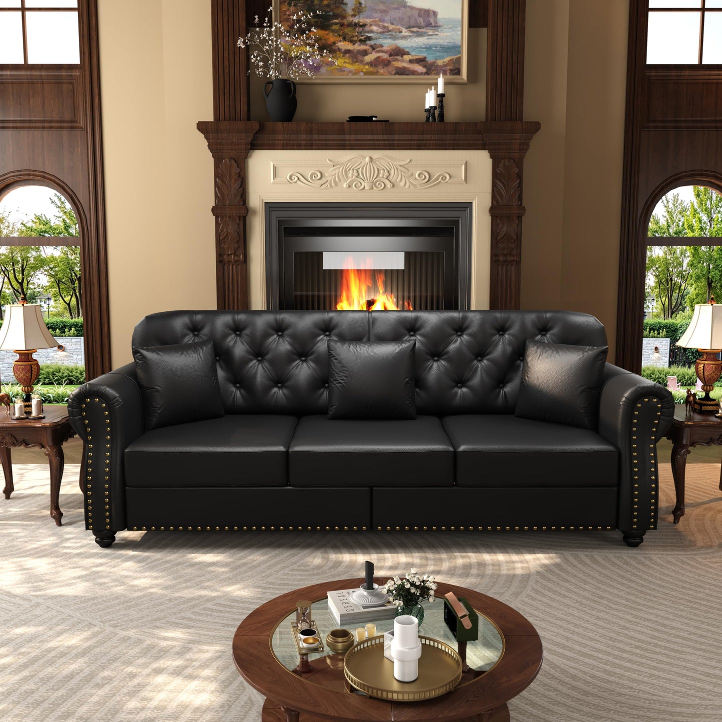 KEIKI 2-Piece Chesterfield Sofa Set with 1 Faux Leather 3-Seater Sofa & 1 Single Sofa, Upholstered 4-Seater Couch Set with Nailhead Trim & Rolled Arms & 1 Ottoman & 4 Pillow, for Living Room, Black