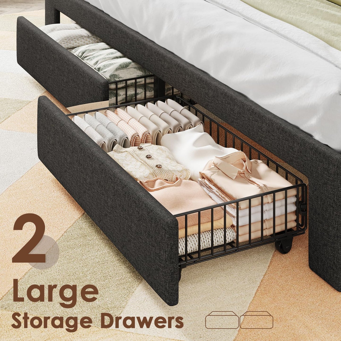 Driftalia King Size Bed Frame with 2-Tier Storage Headboard, Upholstered King Bed Frame with 2 Drawers, Charging Station and LED Lights, No Box Spring Needed, Easy Assembly - Dark Grey