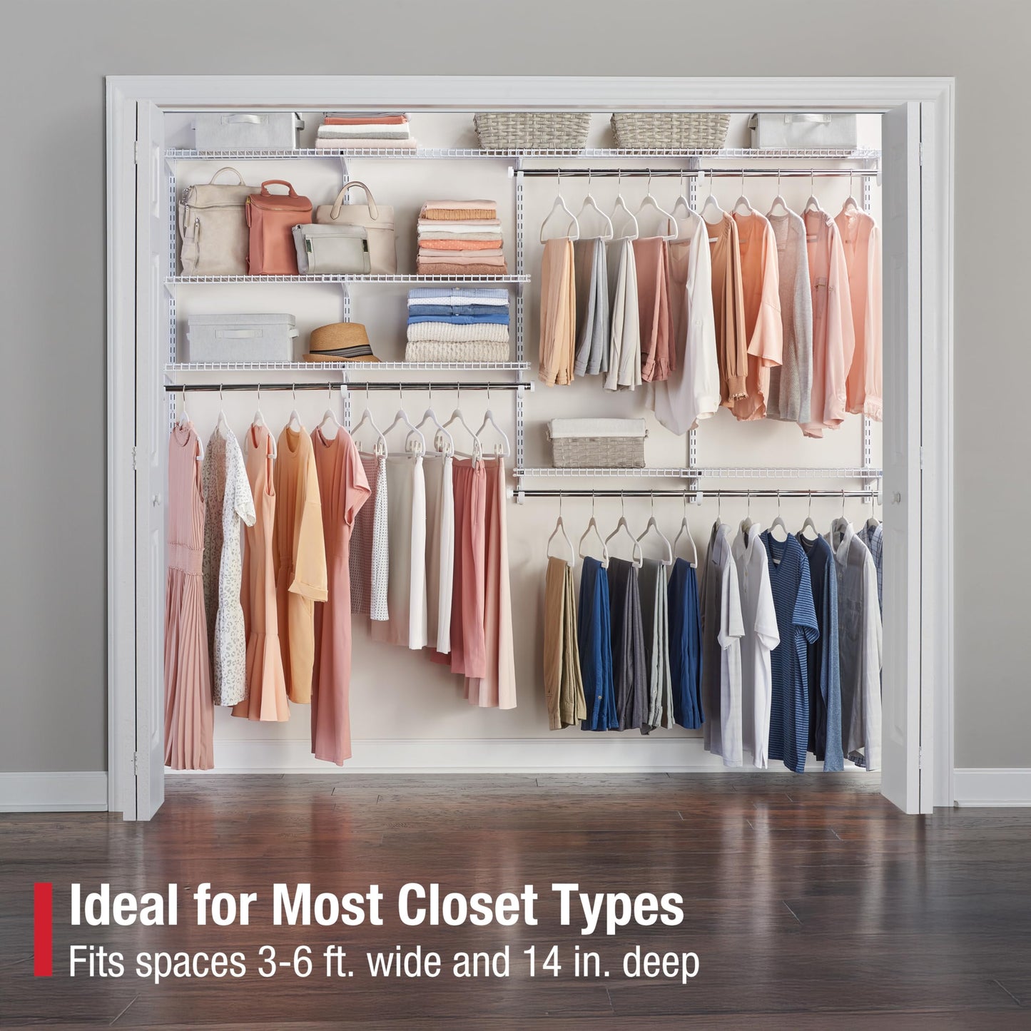 Rubbermaid Configurations Deluxe Custom Closet Kit 4-8Ft. Adjustable Metal Wire Shelving White Finish Expandable Organization System Hardware Included for Home Closet/Pantry/Laundry/Mudroom