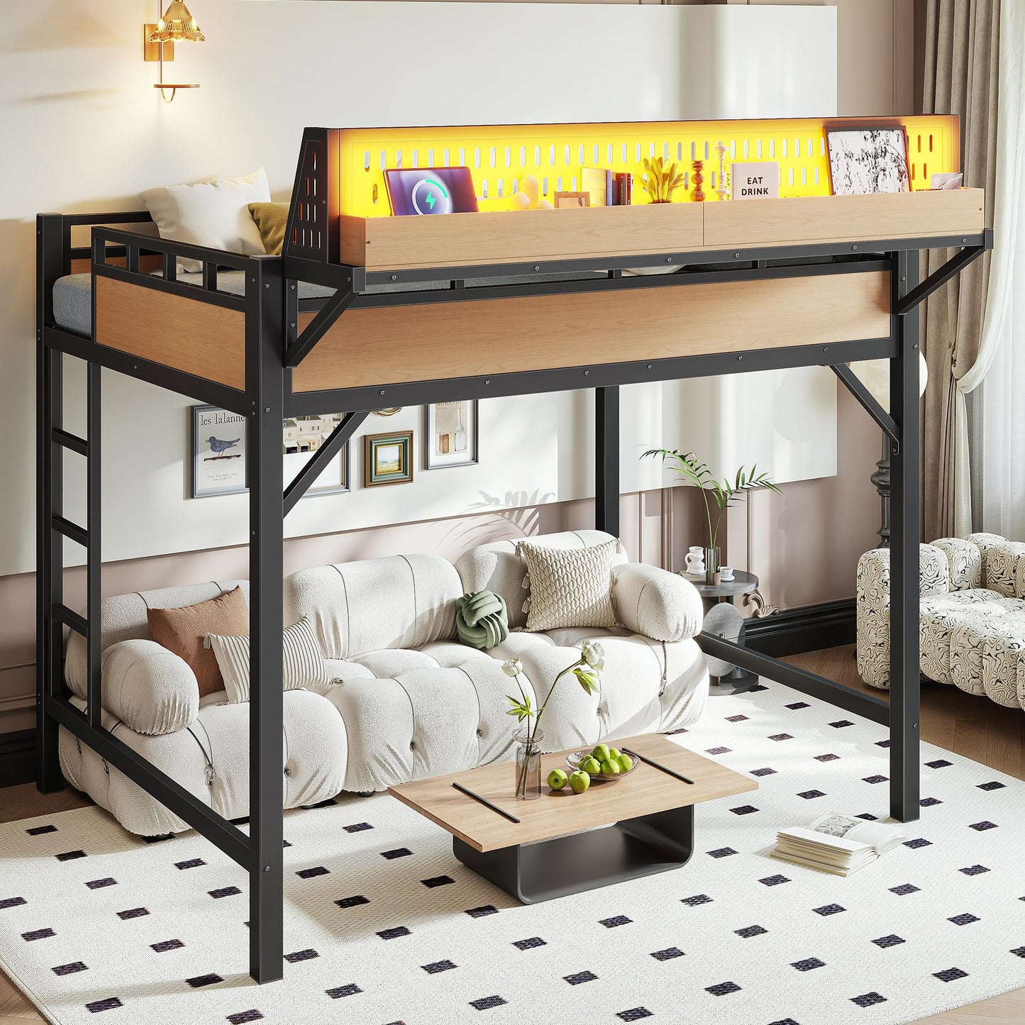 KEIKI Full Size Loft Bed Frame with Storage Shelves & Pegboard, Heavy Duty Metal Loft Bed with USB Ports and LED Lights for Teens Adults Guest Rooms Apartments Study Spaces & Modern Bedrooms