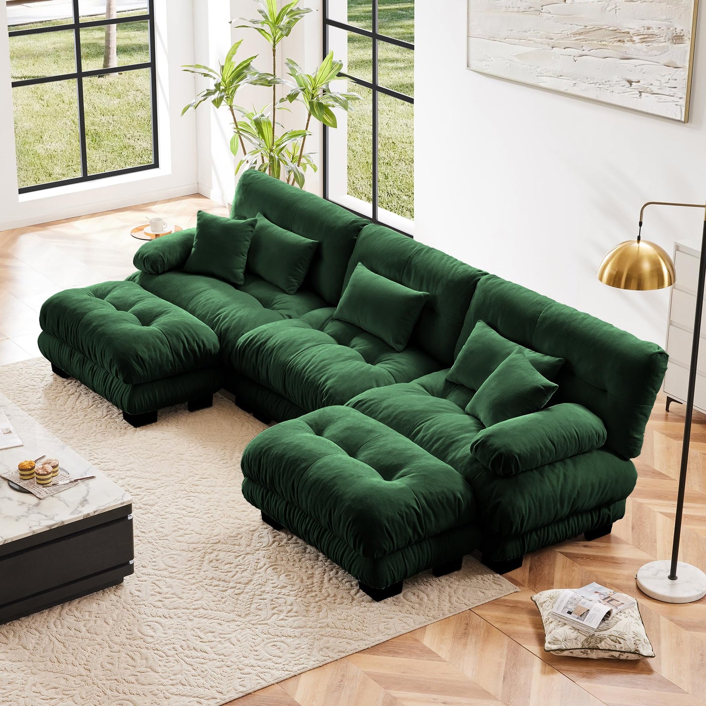 KEIKI 133" Sectional Sofa with Removable Ottomans, 5 Seat U Shaped Sleeper Cloud Couch Set, Comfy Chenille Upholstered Modular SofaBed for Apartment Living Room, Throw Pillows, Dark Green