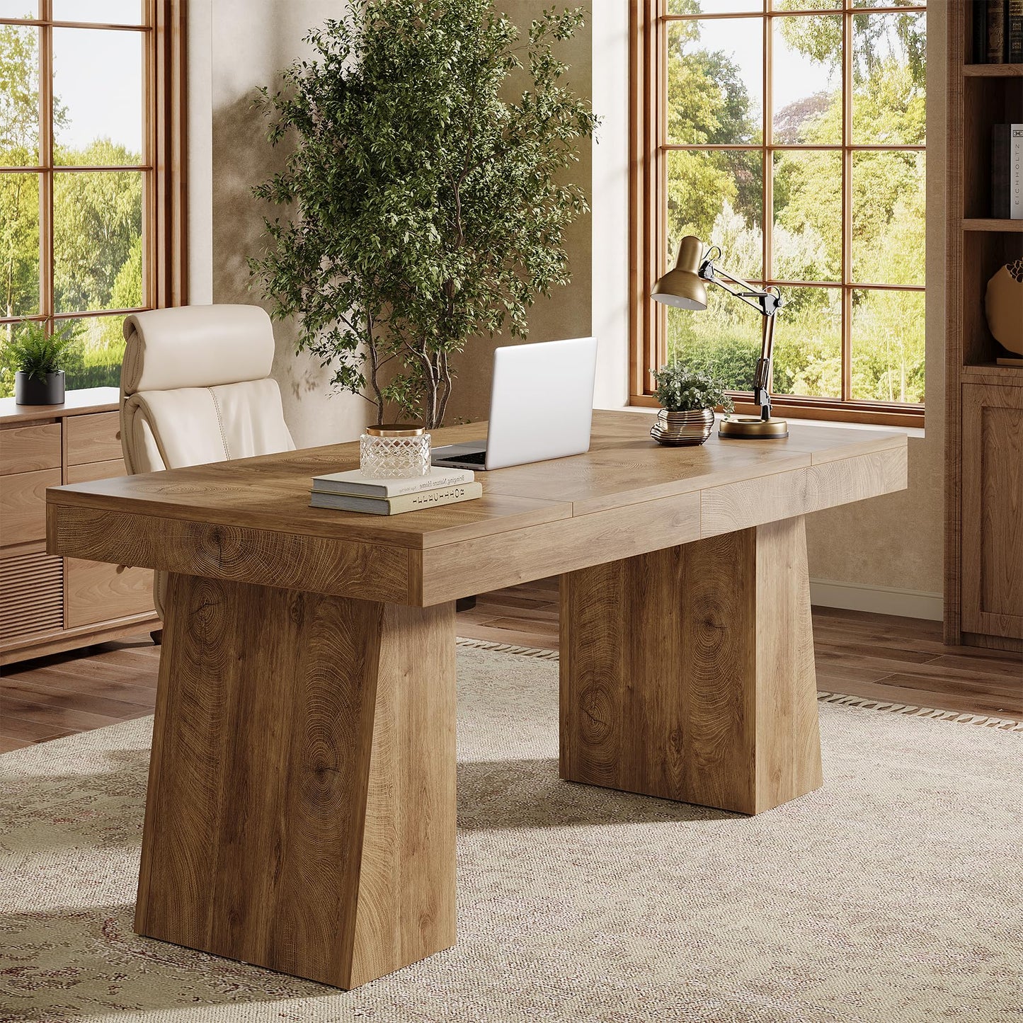 Tribesigns 55" Executive Desk, Wooden Office Desk with Double Pedestal, Modern Simple Computer Writing Table for Home Office, Light Brown