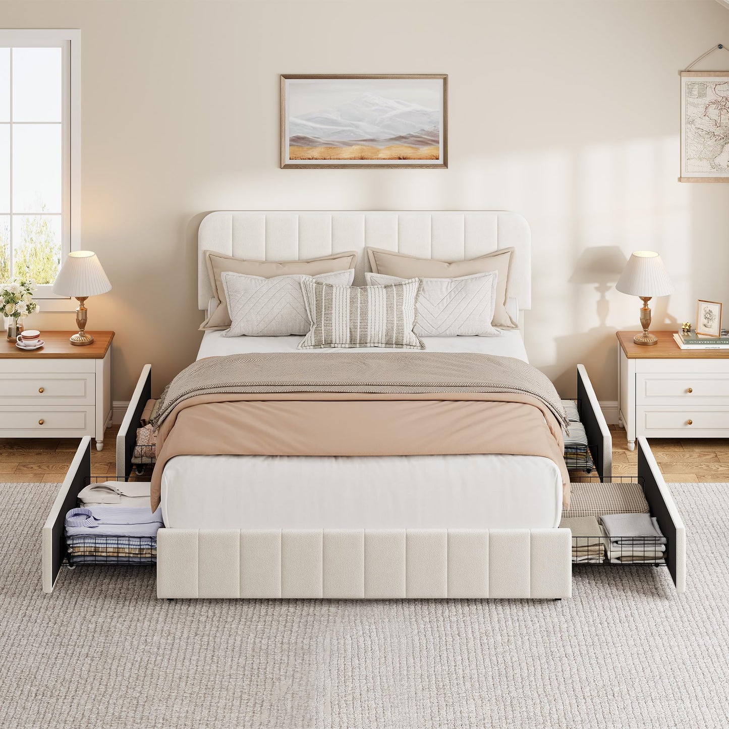 IDEALHOUSE Queen Size Velvet Bed Frame with 4 Storage Drawers, Upholstered Platform Bed with Vertical Channel Tufted Adjustable Headboard, No Box Spring Needed, Easy Assembly, Beige