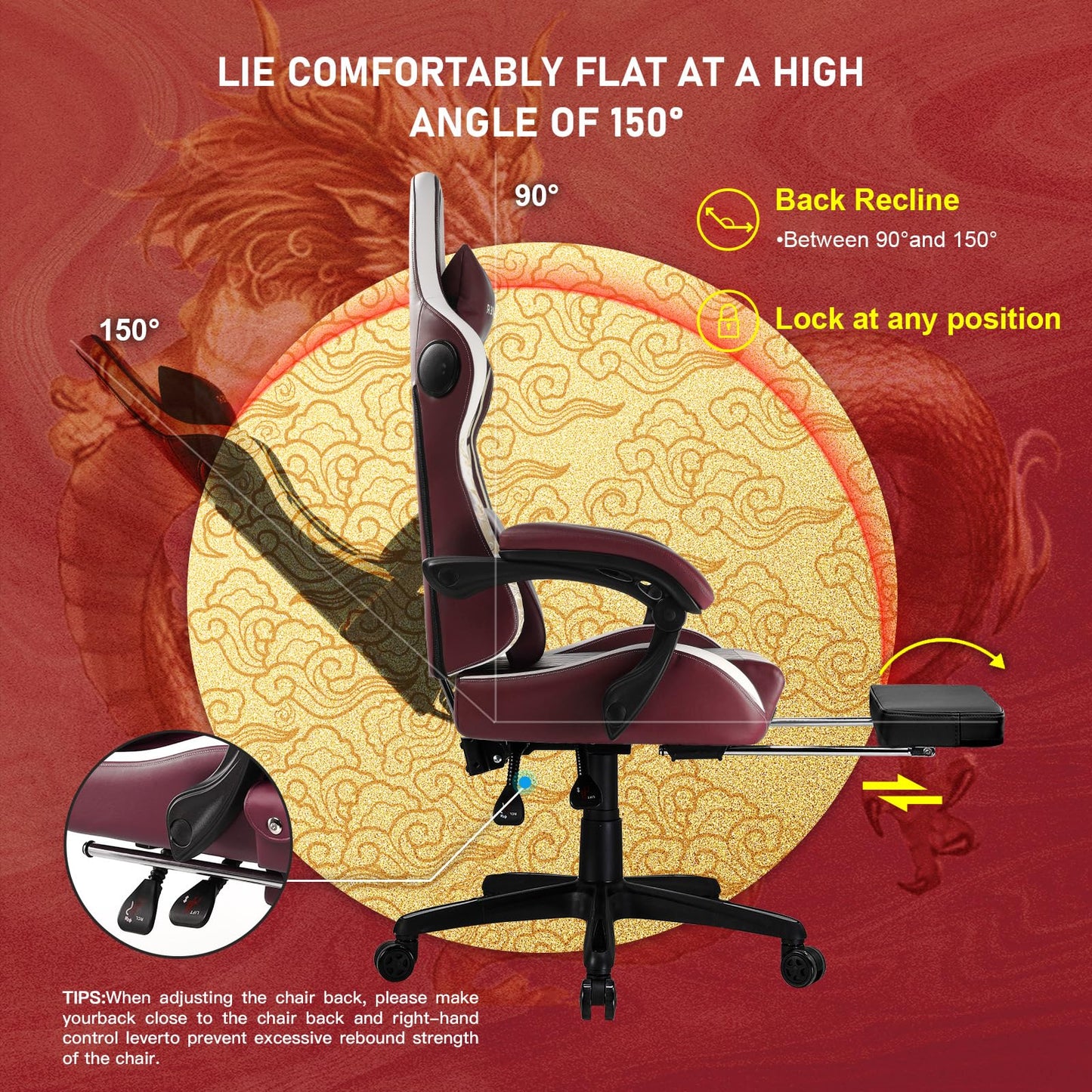 GTPLAYER Gaming Chair with Bluetooth Speakers and Footrest, Dragon Series Video Game Chair, Heavy Duty, Ergonomic, Esports Computer Office Chair, (RED)