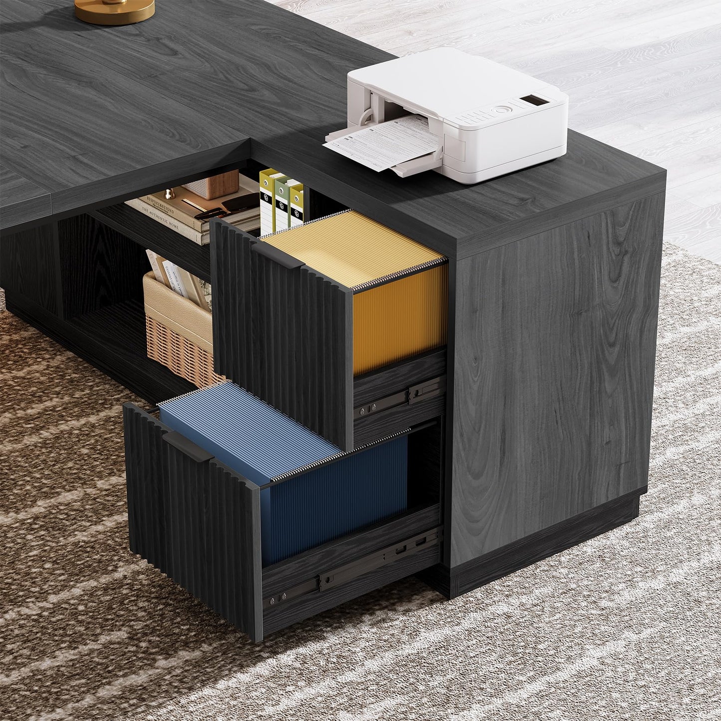 Tribesigns 78" L Shaped Desk with Drawers, Lage Office Desk with Storage Shelves, Modern Corner Computer Desk for Home Office (Gray and Black)