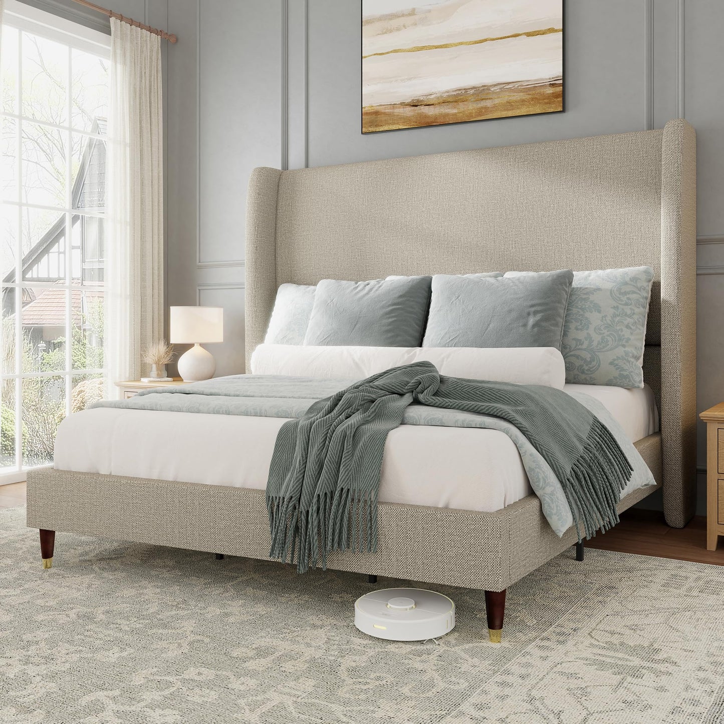 Jocisland Queen Size Bed Frame 51.2" Wingback Headboard Linen Upholstered Platform Bed,Solid Wood Legs & Wooden Slats,No Box Spring Needed,Noise-Free,for Family Guest Room Cozy Home,Brown