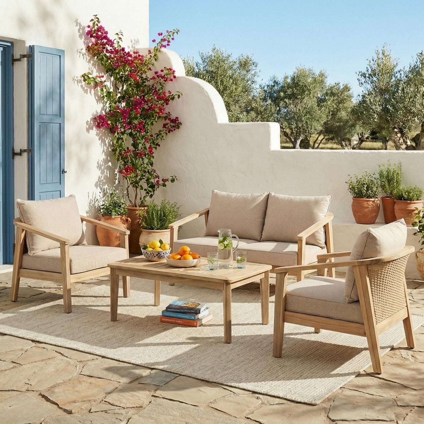 Christopher Knight Home Mayeo 4-Piece Acacia Wood Patio Furniture Set, Outdoor Conversation Sofa Set with Club Chair and Coffee Table, Patio Sectional Chat Set for Backyard Balcony, Light White+Beige