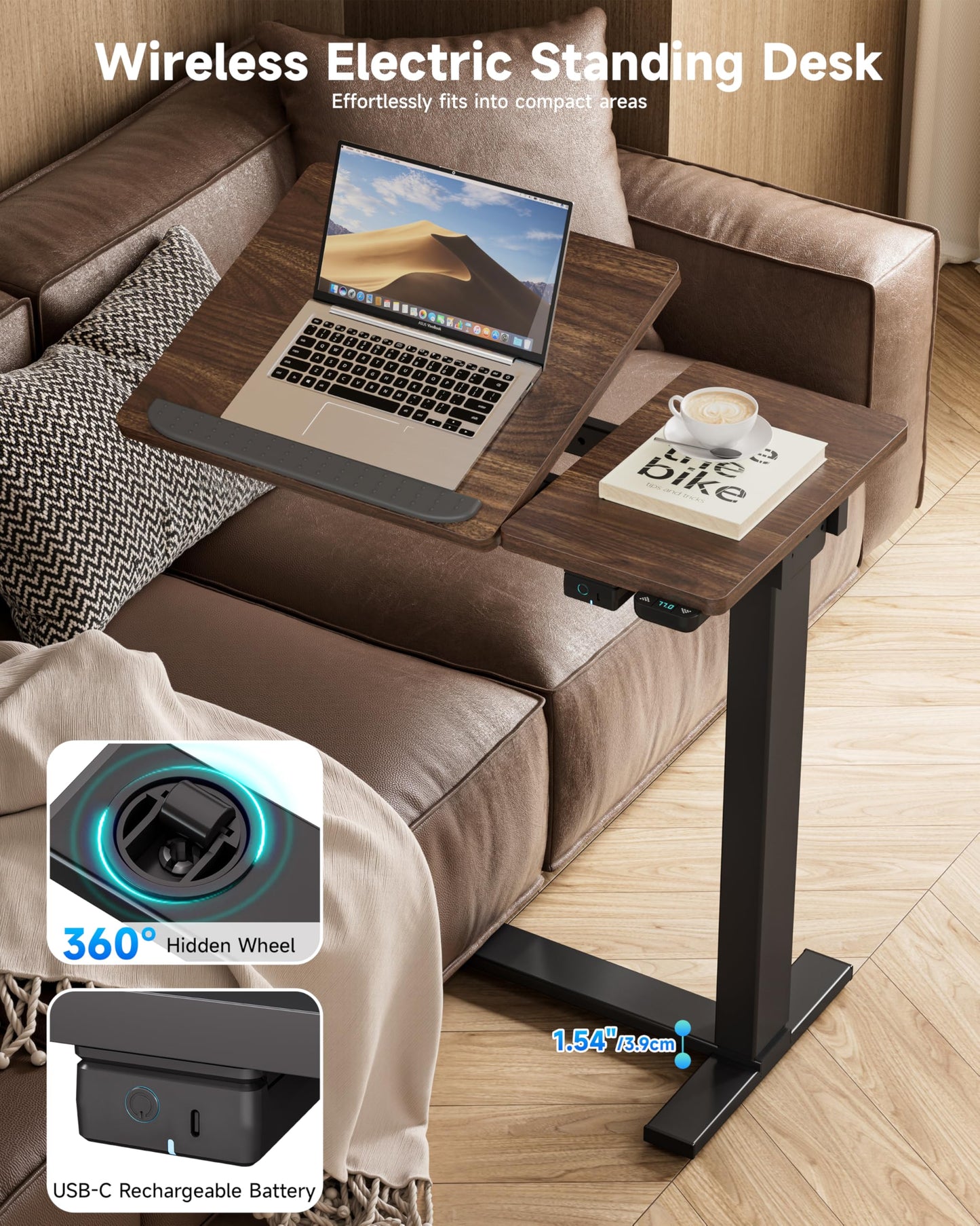 BIZUM Small Electric Standing Desk, Overbed Table Wireless Tilt Top with Hidden Wheels, 27.6×15.8 Inch Adjustable Rolling Laptop Desk, USB-C Rechargeable Battery, Walnut