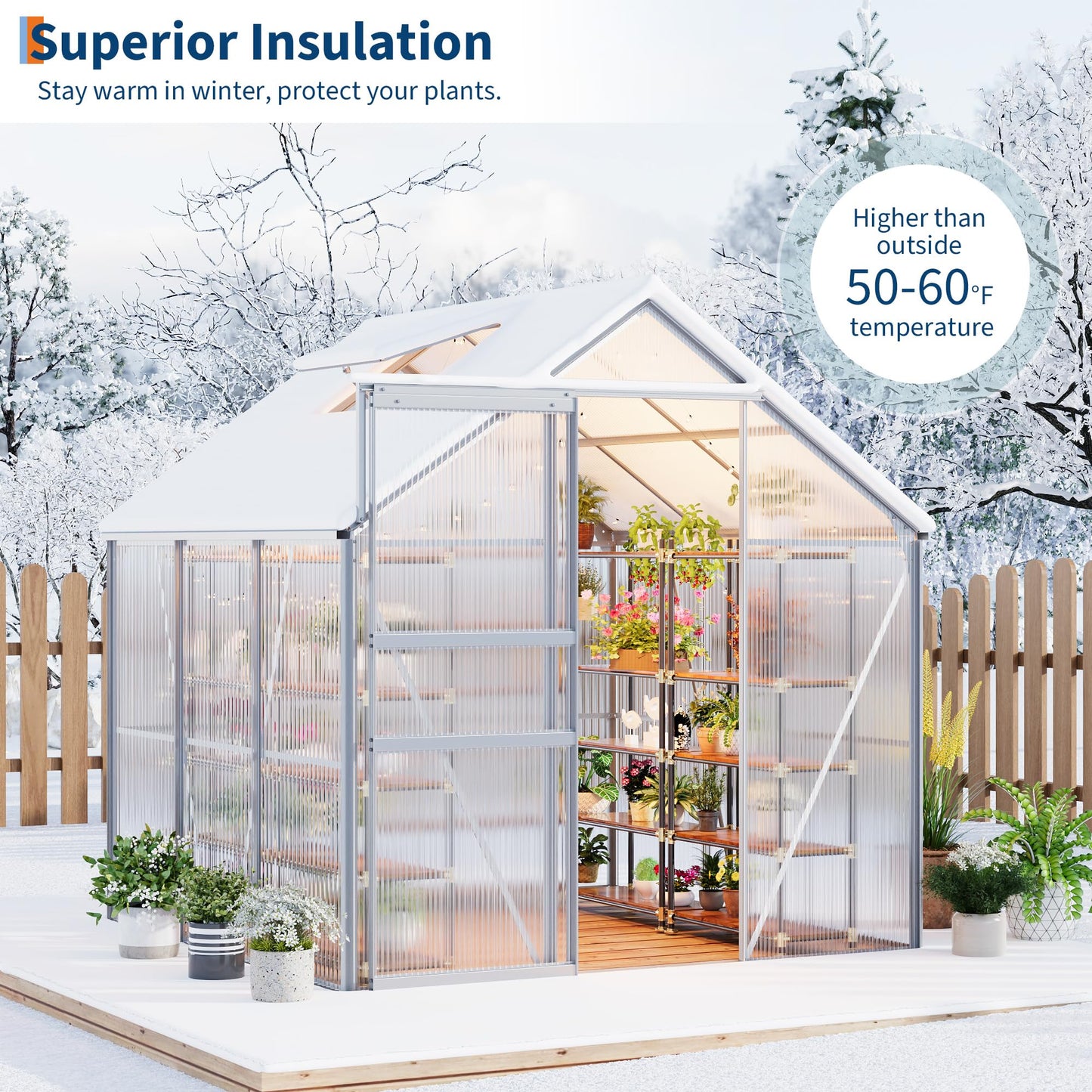GarveeHome 6x6 FT Walk-in Greenhouse, Large Polycarbonate Green House with Sliding Door & Adjustable Roof Vent, Heavy-Duty Weatherproof Outdoor Greenhouse for Patio, Backyard, Garden