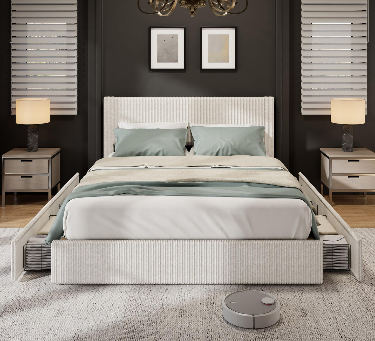 GarveeHome Bed Frame, King Size Platform Bed with 4 Storage Drawers, Upholstered Corduroy Channel Tufted Headboard Bed Frame with Strong Wooden Slat Support, No Box Spring Needed, Beige