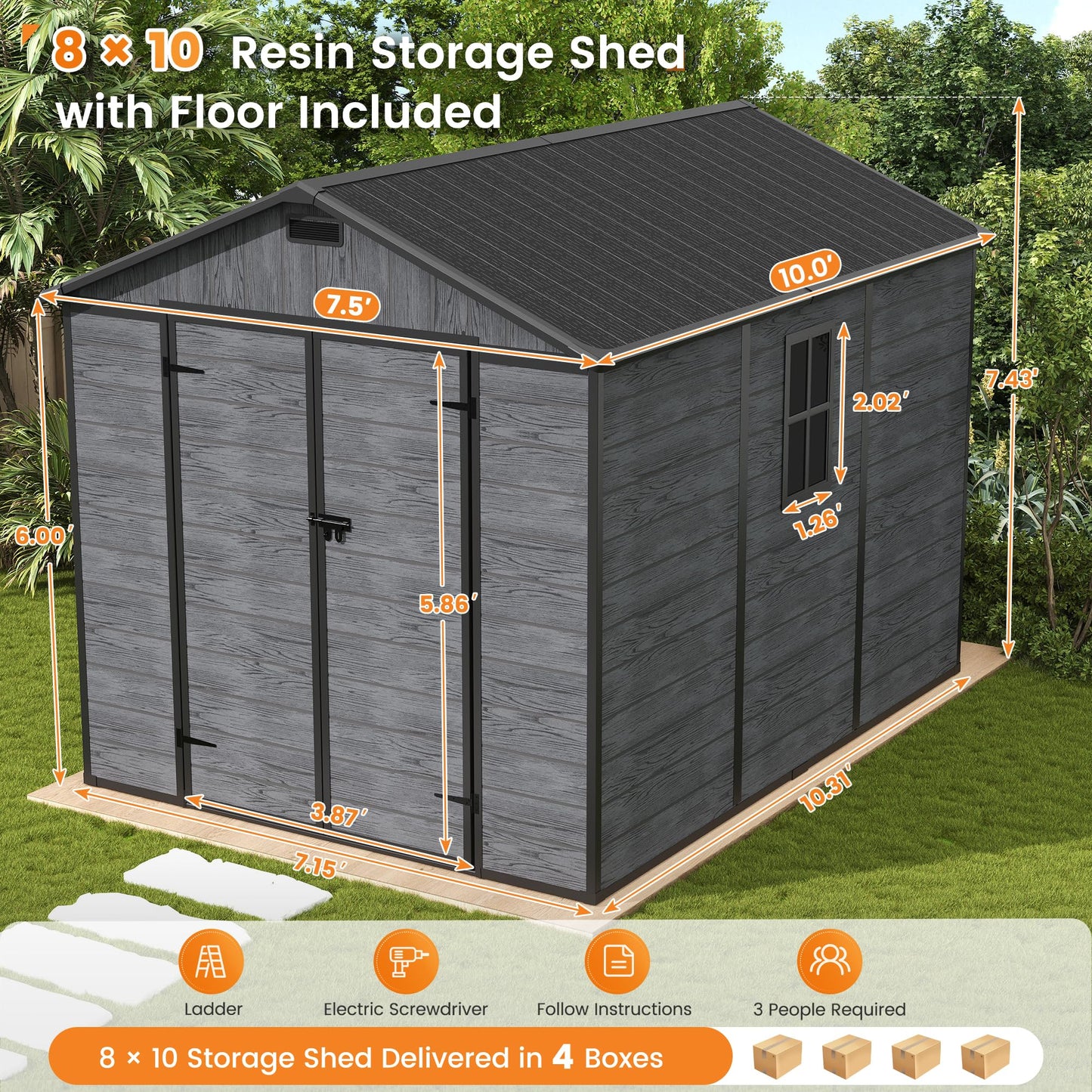 UDPATIO Outdoor Resin Storage Shed 8 x 10 FT, Plastic Storage Shed with Floor Large Outdoors Garden Tool Storage Shed Outside Clearance Shed with Lockable Door for Bike, Backyard, Patio, Deep Grey