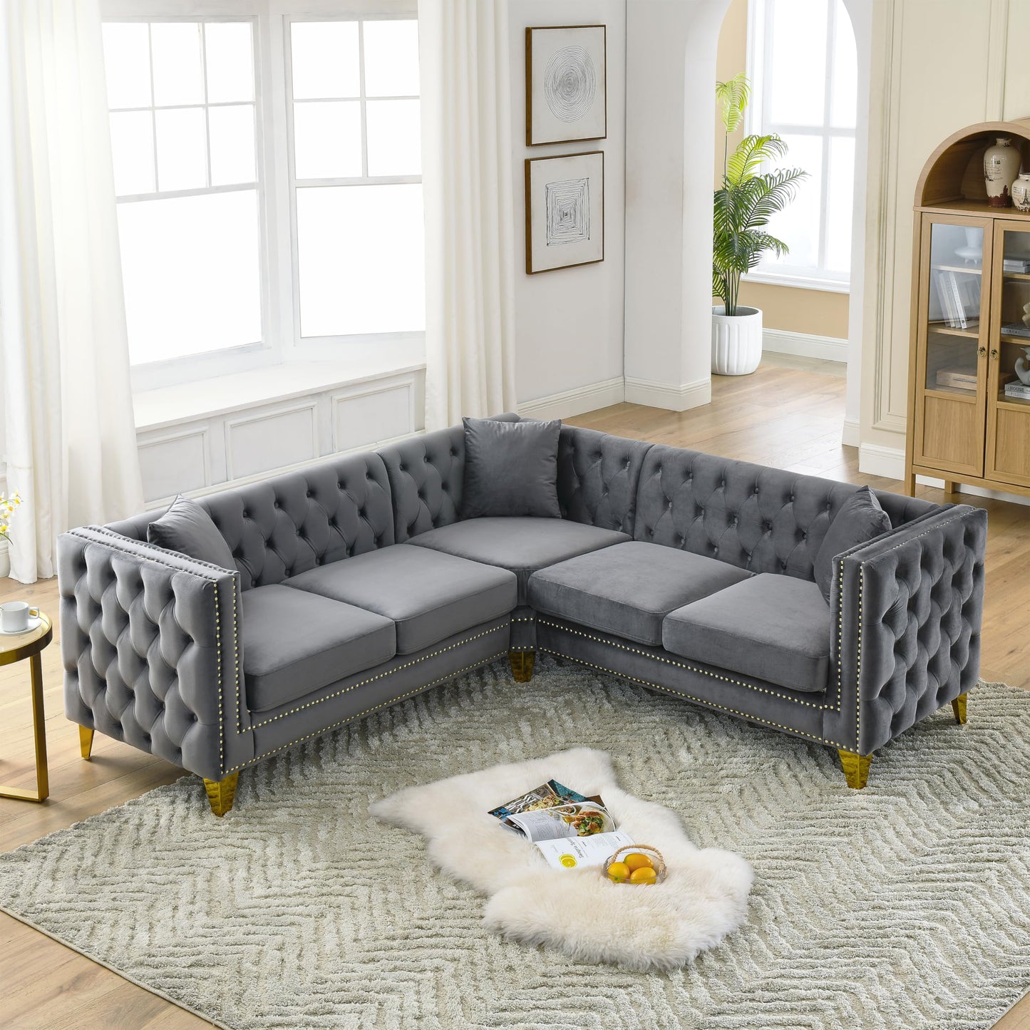 KEIKI 82.2" Tufted Velvet Corner Sofa, 5 Seat L-Shaped Sectional Couch for Living Room, Buttons Tufted Square Arm Couch for Home Apartment, Gray